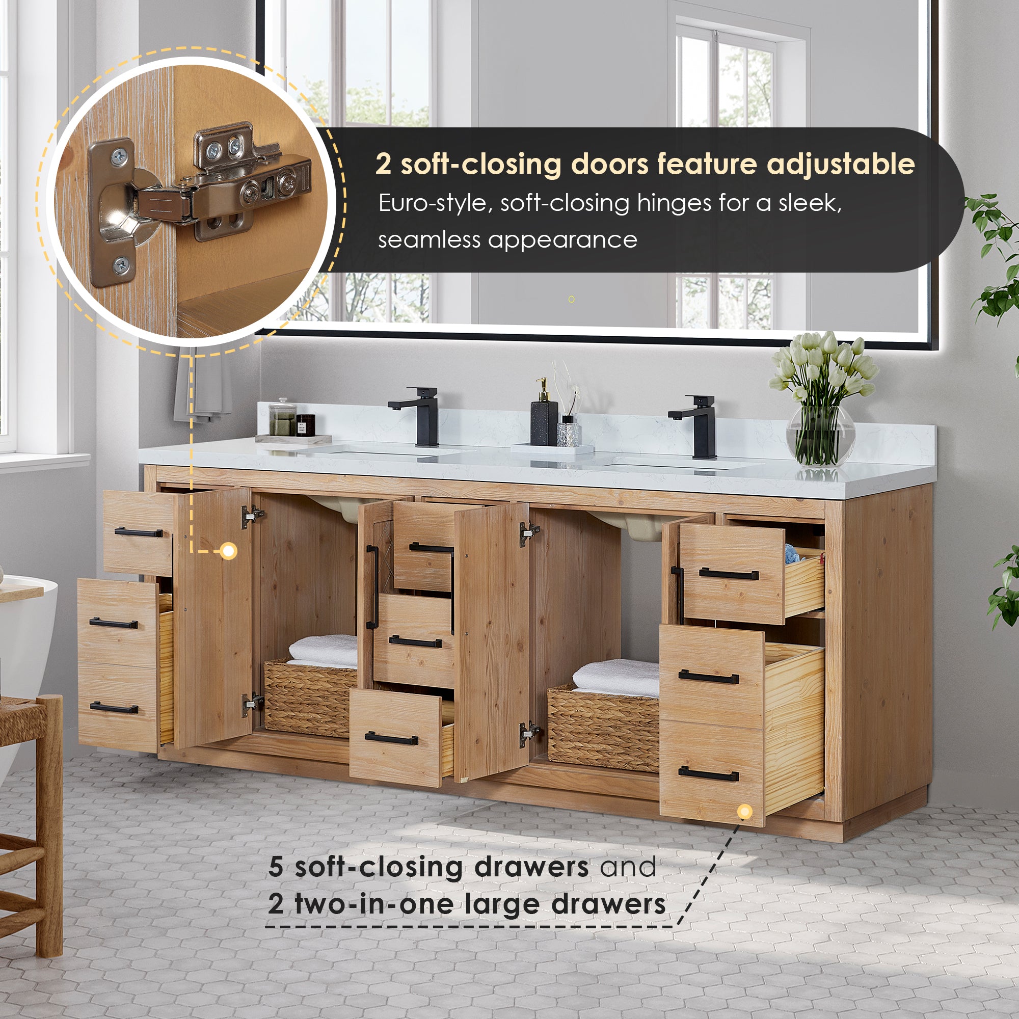 Anais 84" Double Bathroom Vanity in Light Brown with Engineered Stone Countertop