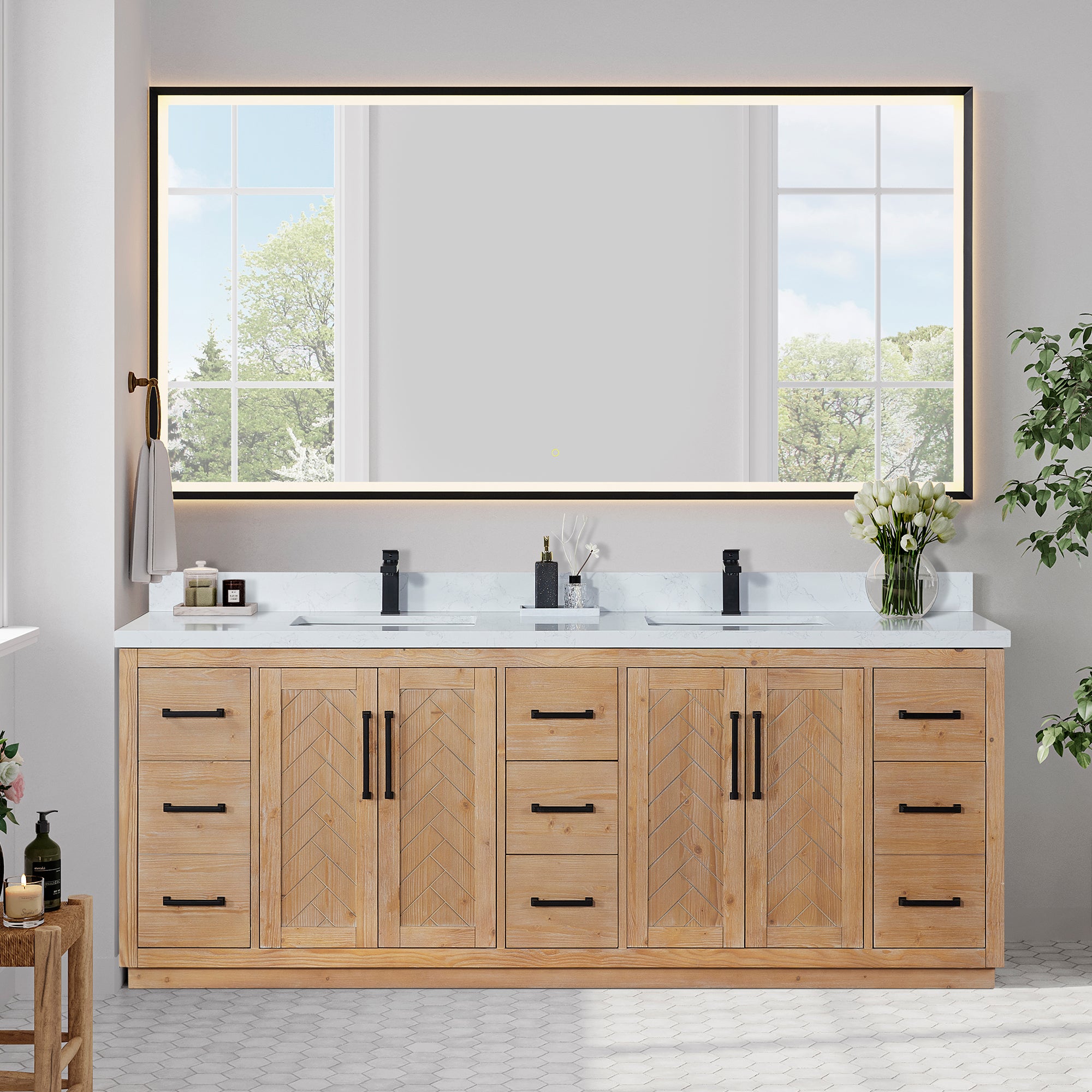 Anais 84" Double Bathroom Vanity in Light Brown with Engineered Stone Countertop