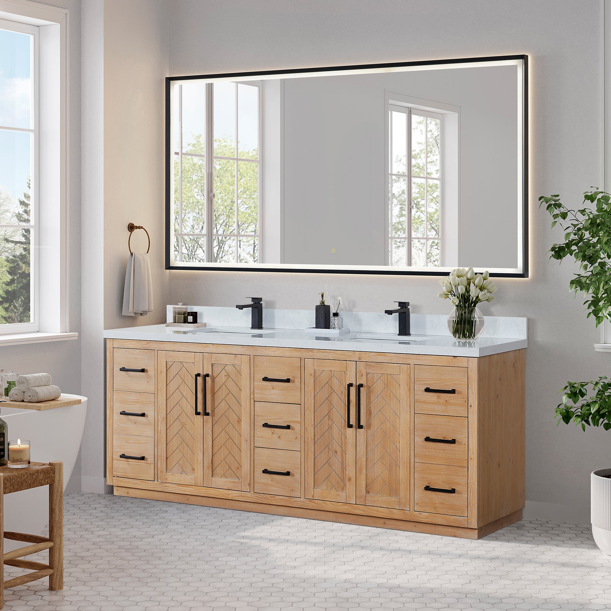 Anais 84" Double Bathroom Vanity in Light Brown with Engineered Stone Countertop