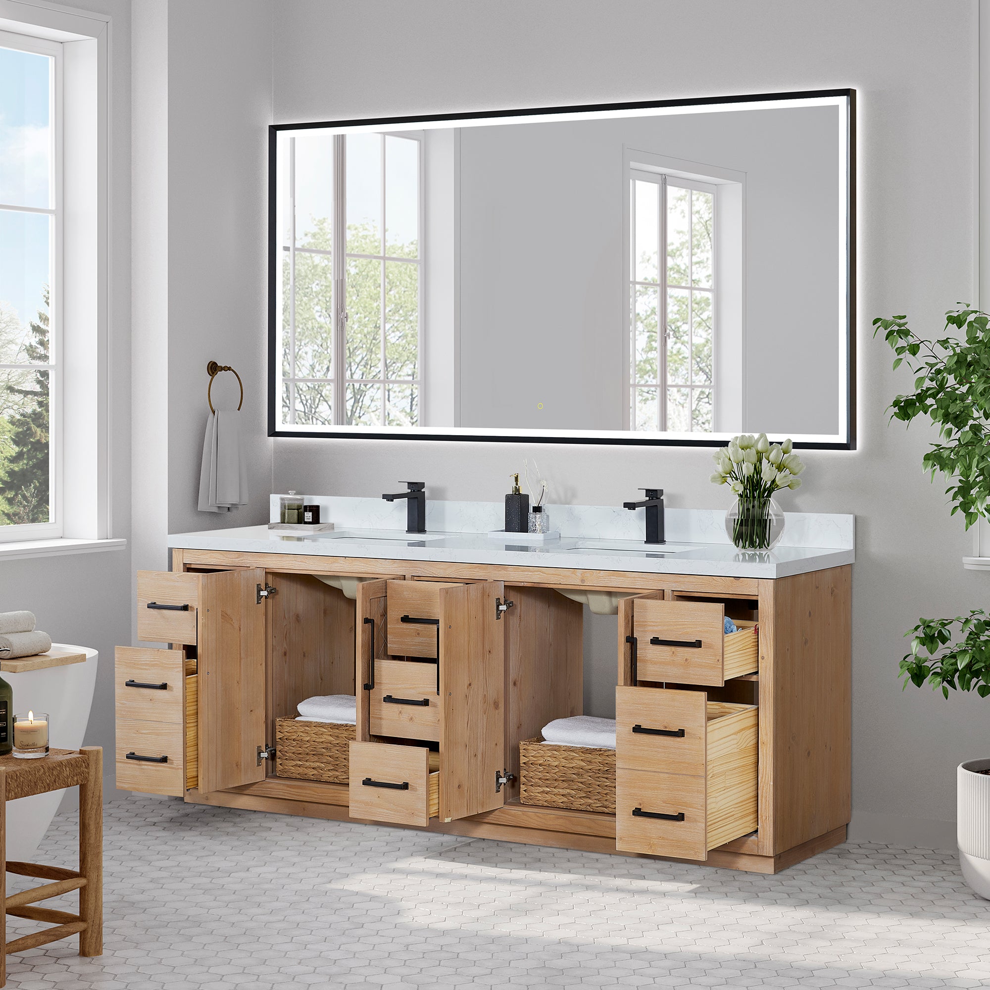 Anais 84" Double Bathroom Vanity in Light Brown with Engineered Stone Countertop