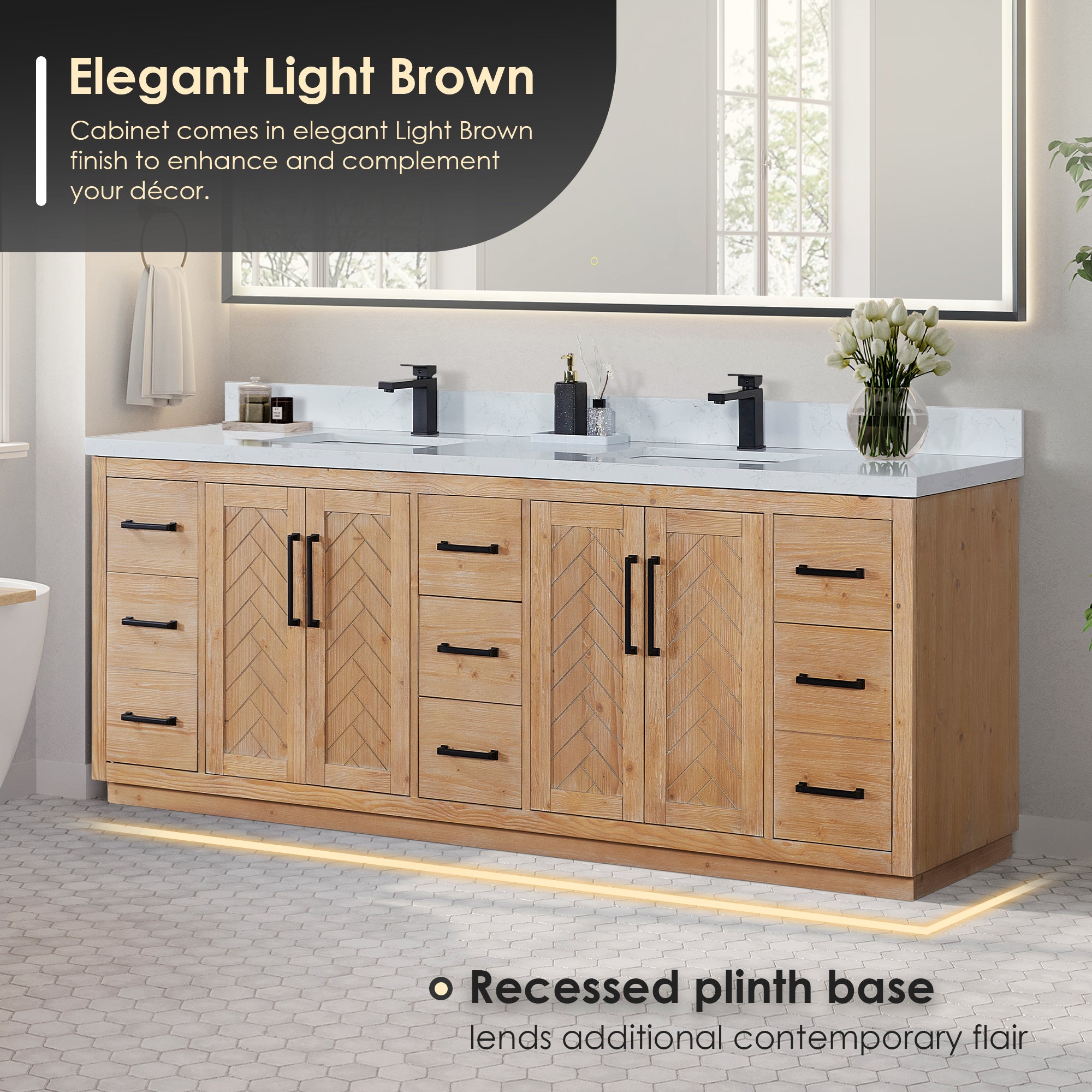 Anais 84" Double Bathroom Vanity in Light Brown with Engineered Stone Countertop