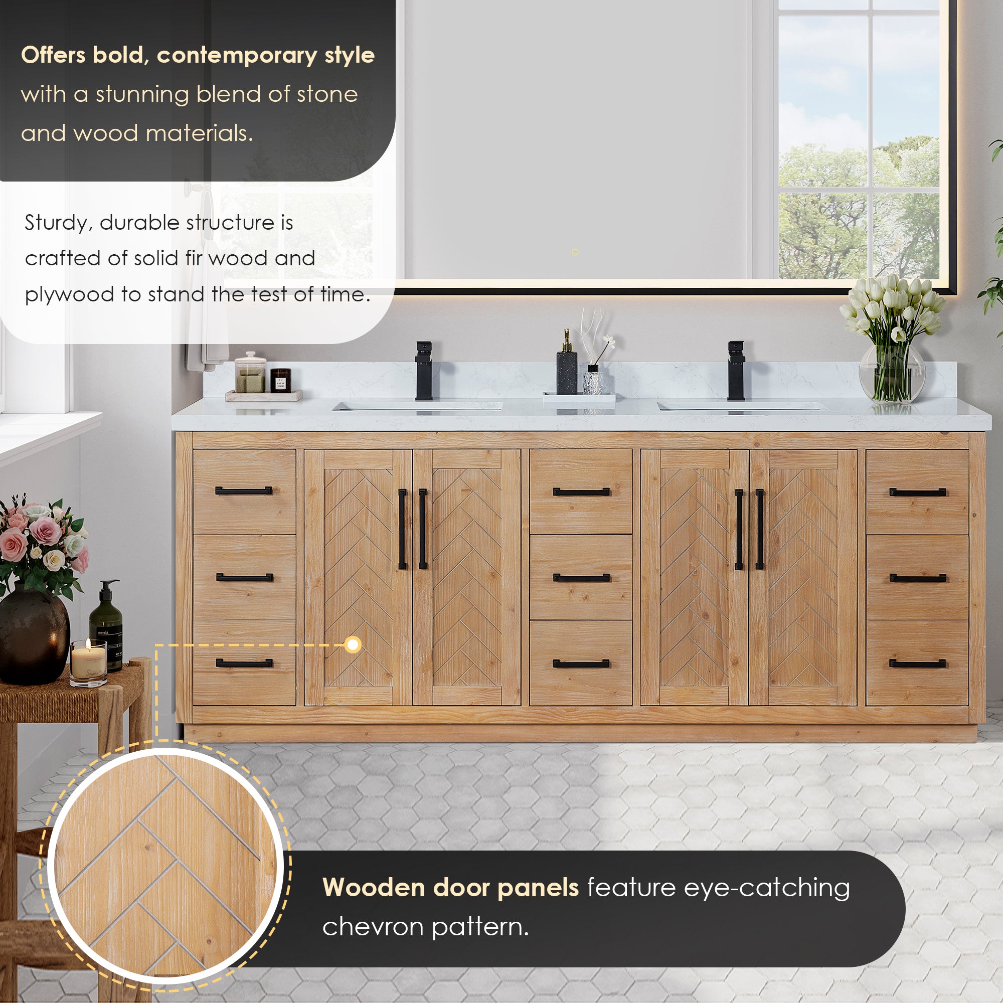 Anais 84" Double Bathroom Vanity in Light Brown with Engineered Stone Countertop