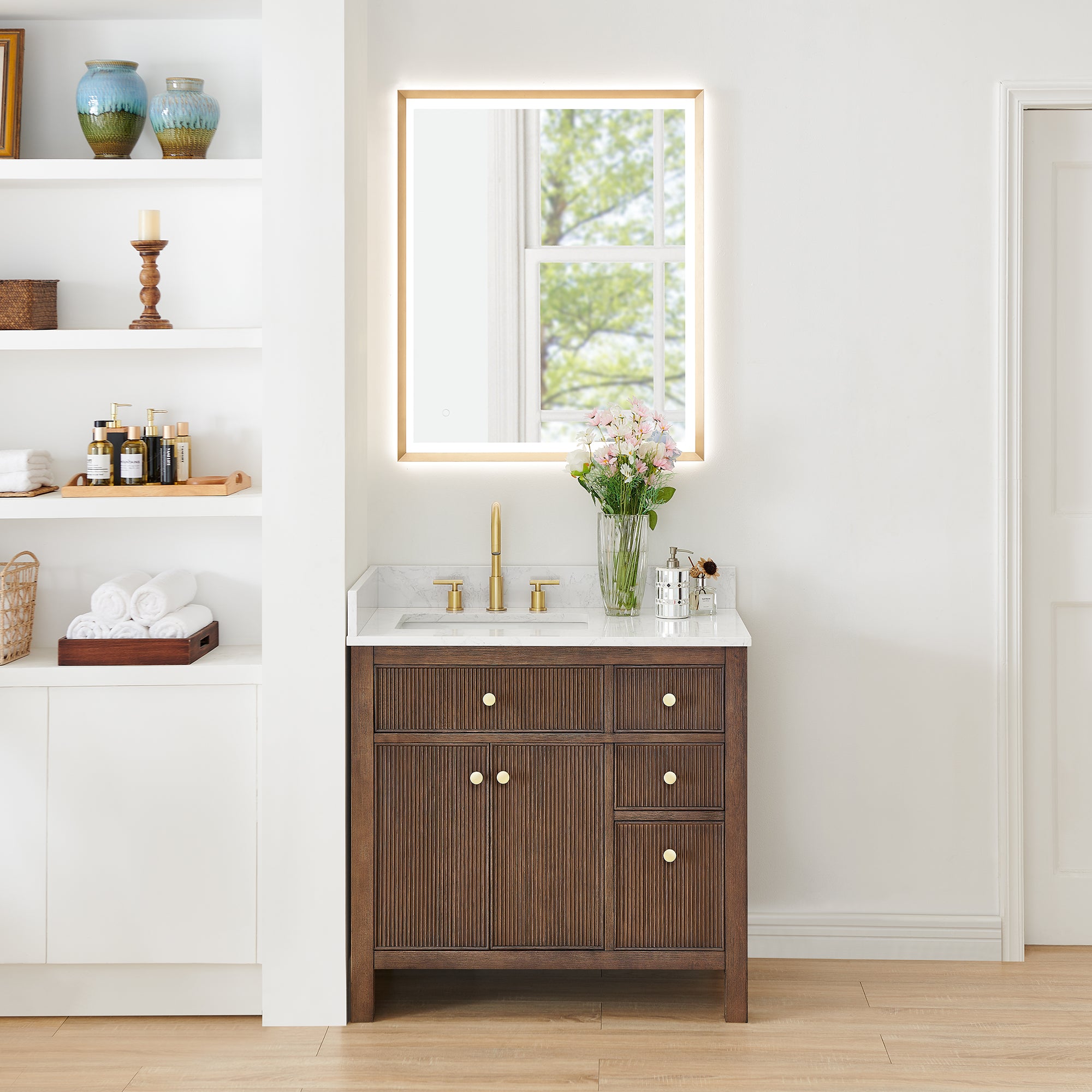 Cerrito 36" Single Bathroom Vanity with Grain White Engineered Stone Countertop