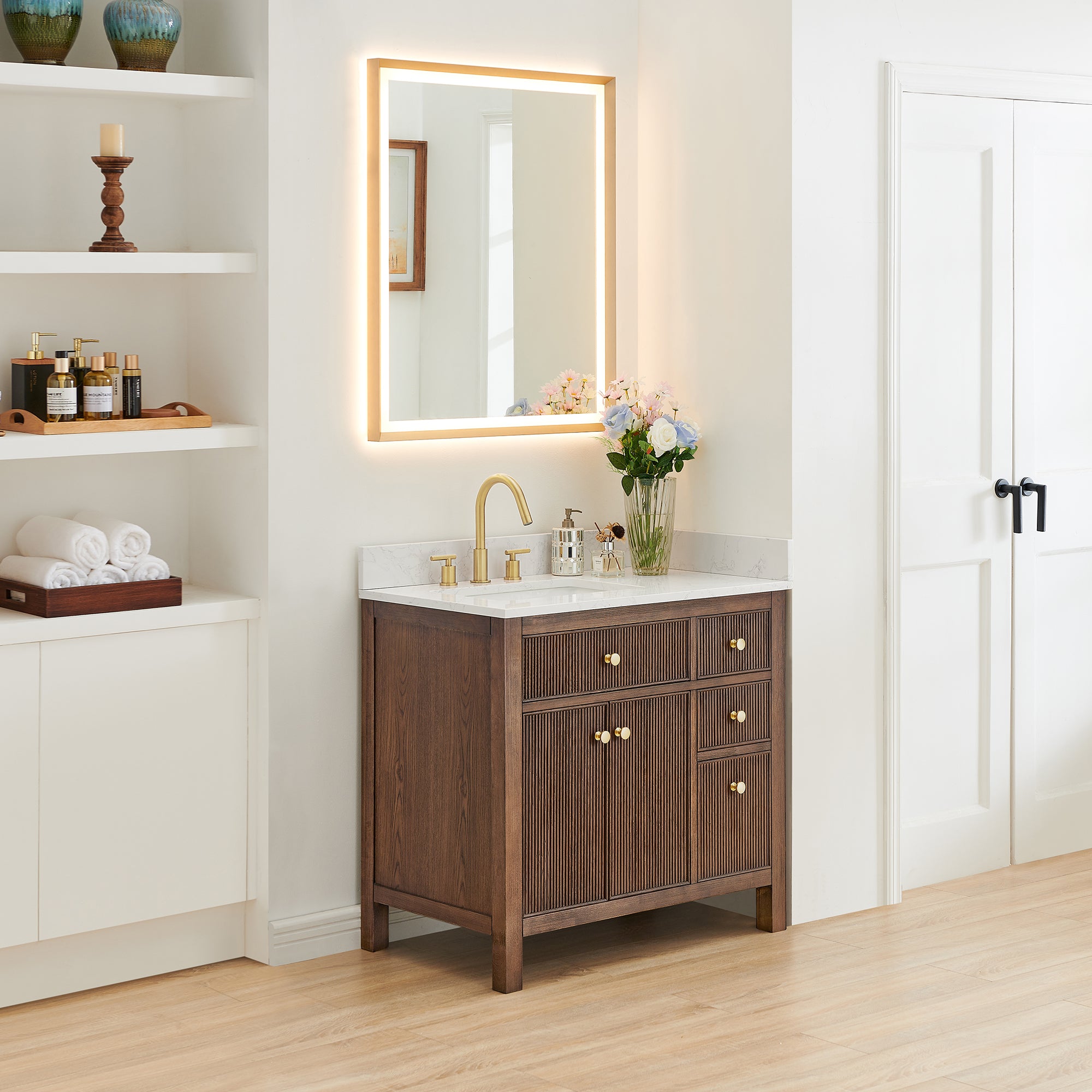 Cerrito 36" Single Bathroom Vanity with Grain White Engineered Stone Countertop