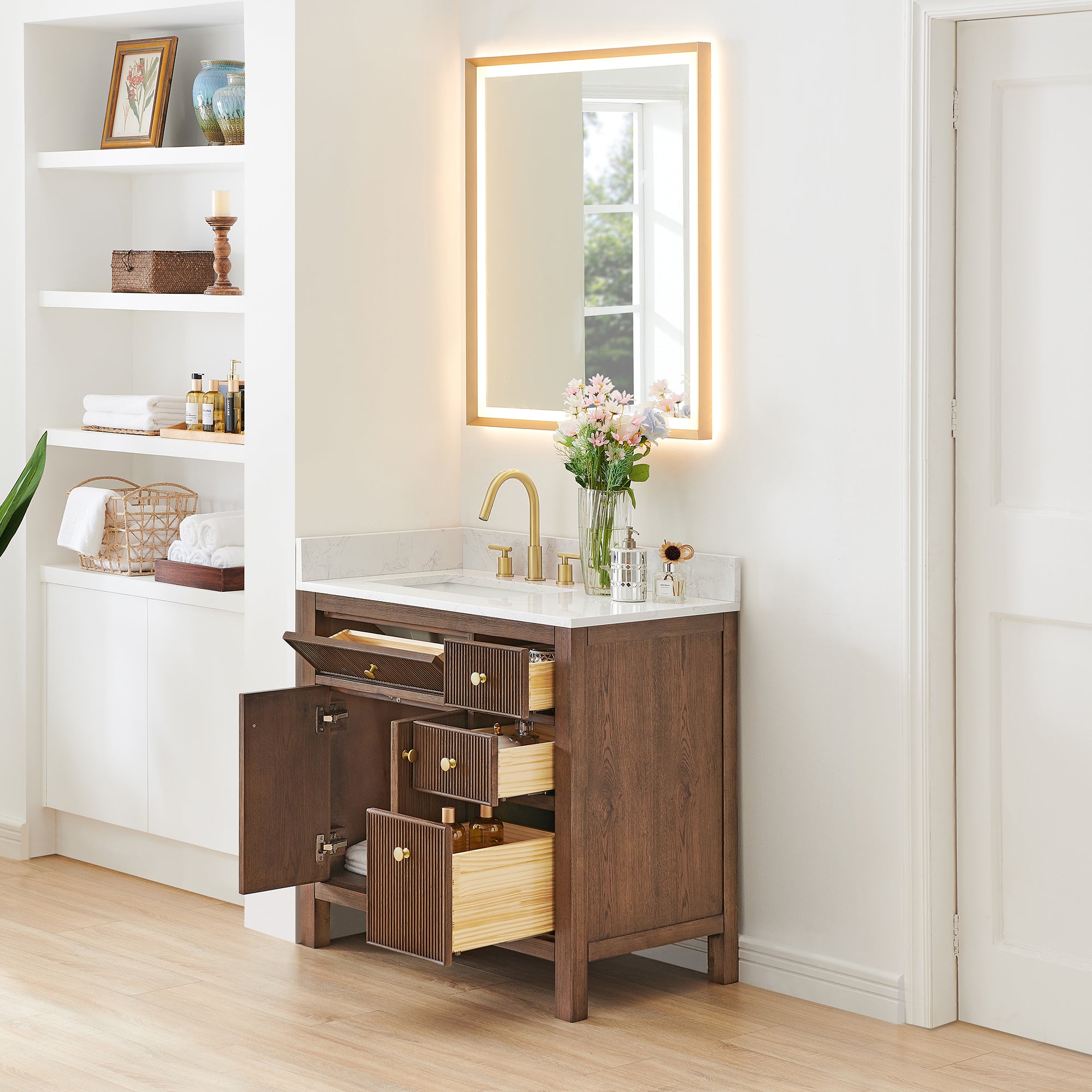 Cerrito 36" Single Bathroom Vanity with Grain White Engineered Stone Countertop