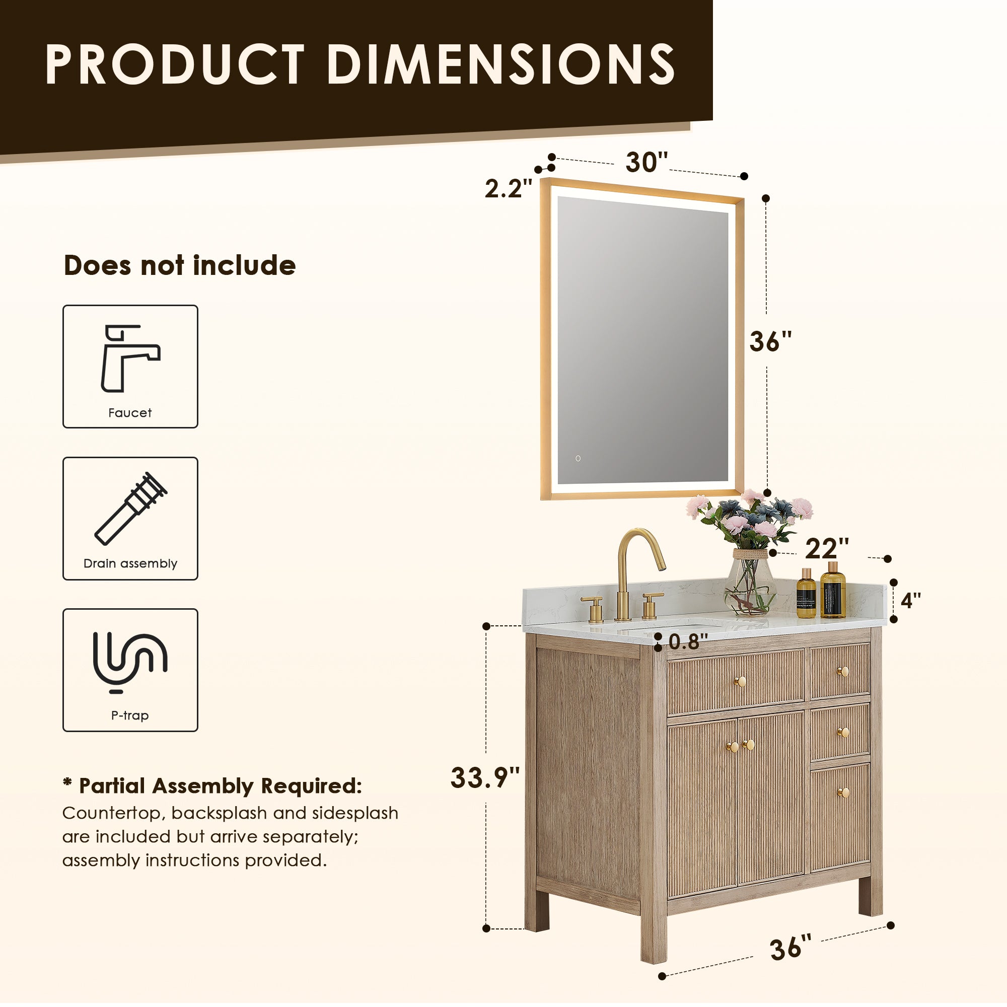 Cerrito 36" Single Bathroom Vanity with Grain White Engineered Stone Countertop