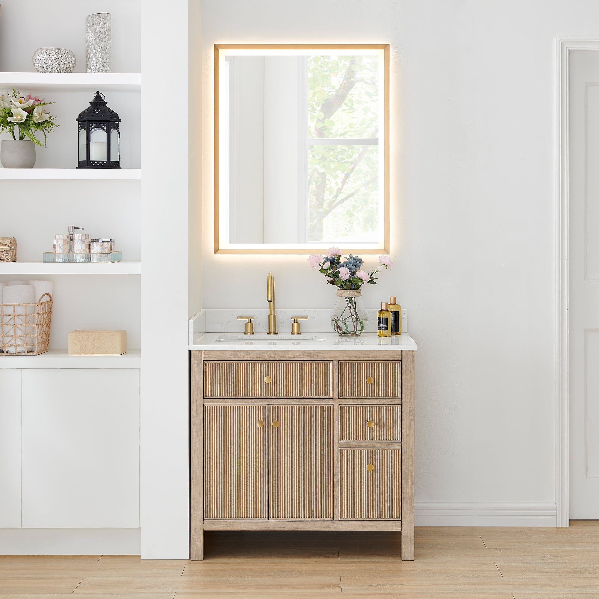 Cerrito 36" Single Bathroom Vanity with Grain White Engineered Stone Countertop