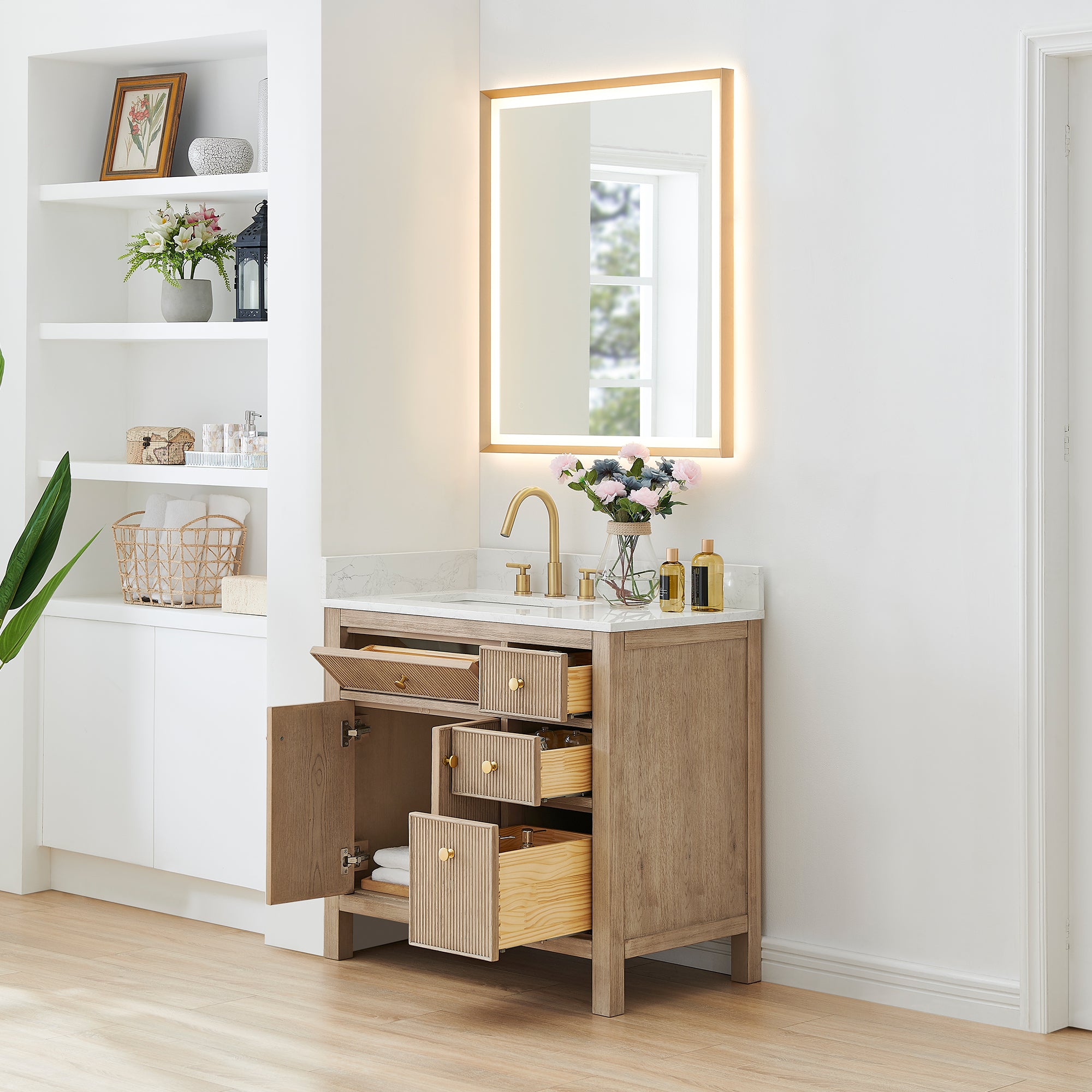 Cerrito 36" Single Bathroom Vanity with Grain White Engineered Stone Countertop