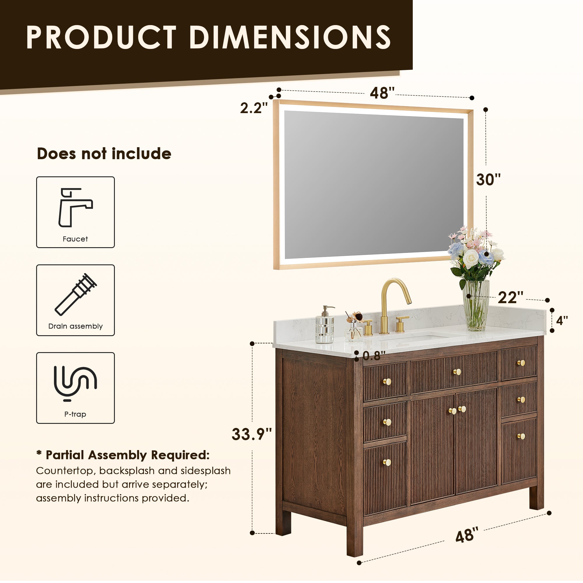 Cerrito 48" Single Bathroom Vanity with Grain White Engineered Stone Countertop