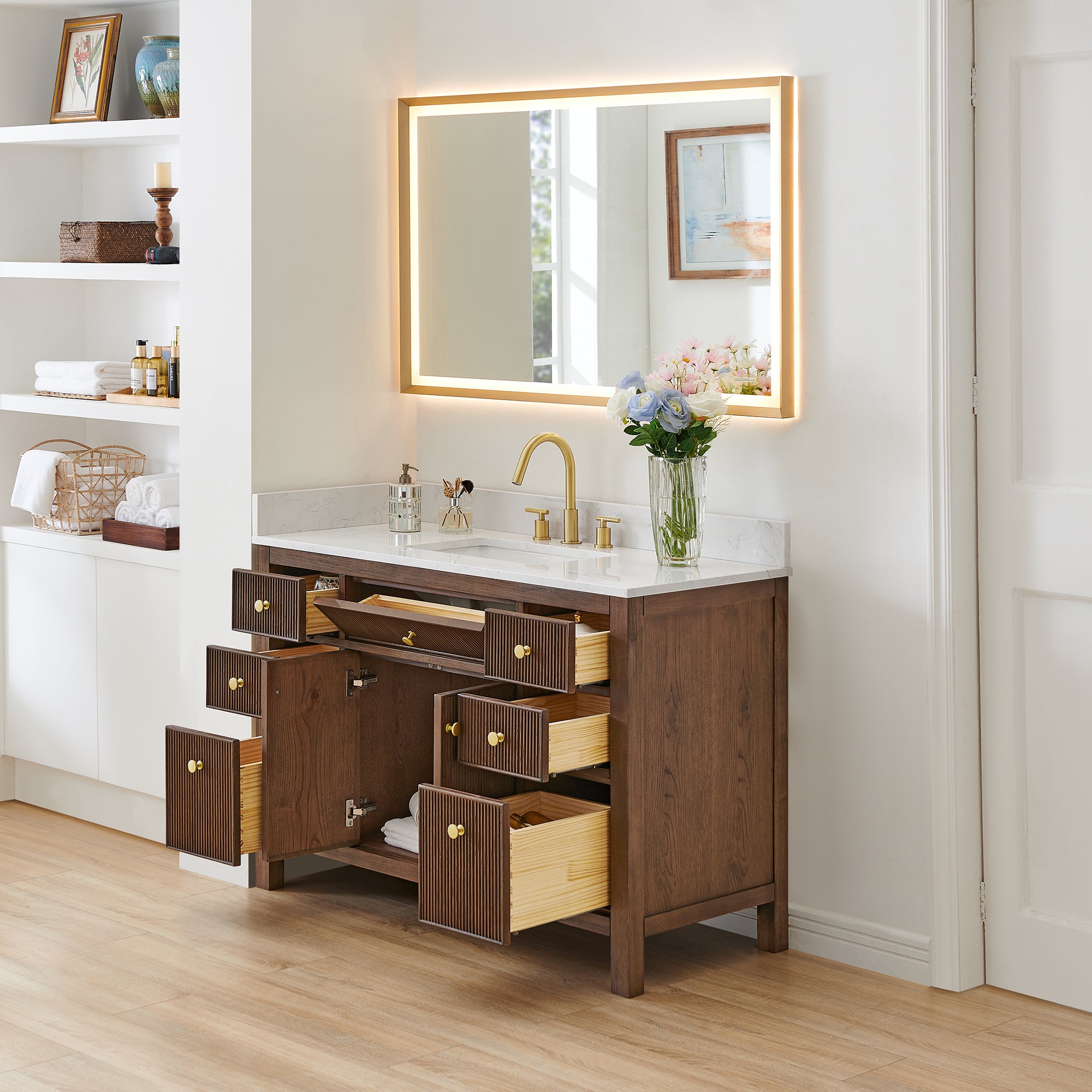 Cerrito 48" Single Bathroom Vanity with Grain White Engineered Stone Countertop