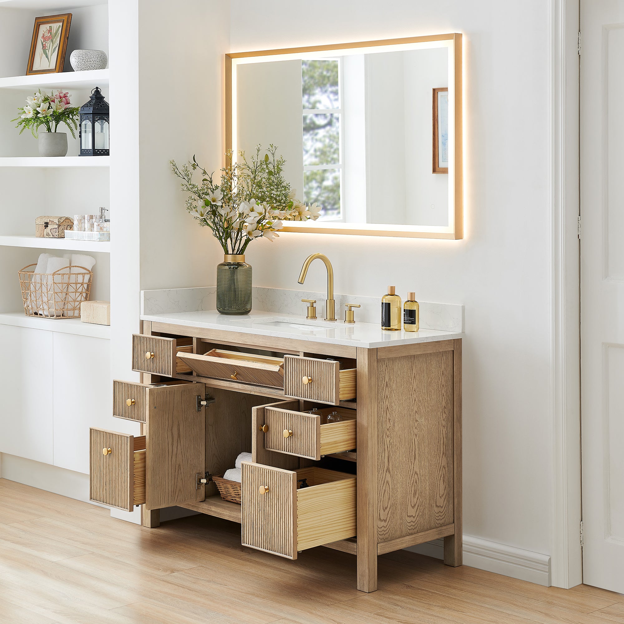 Cerrito 48" Single Bathroom Vanity with Grain White Engineered Stone Countertop