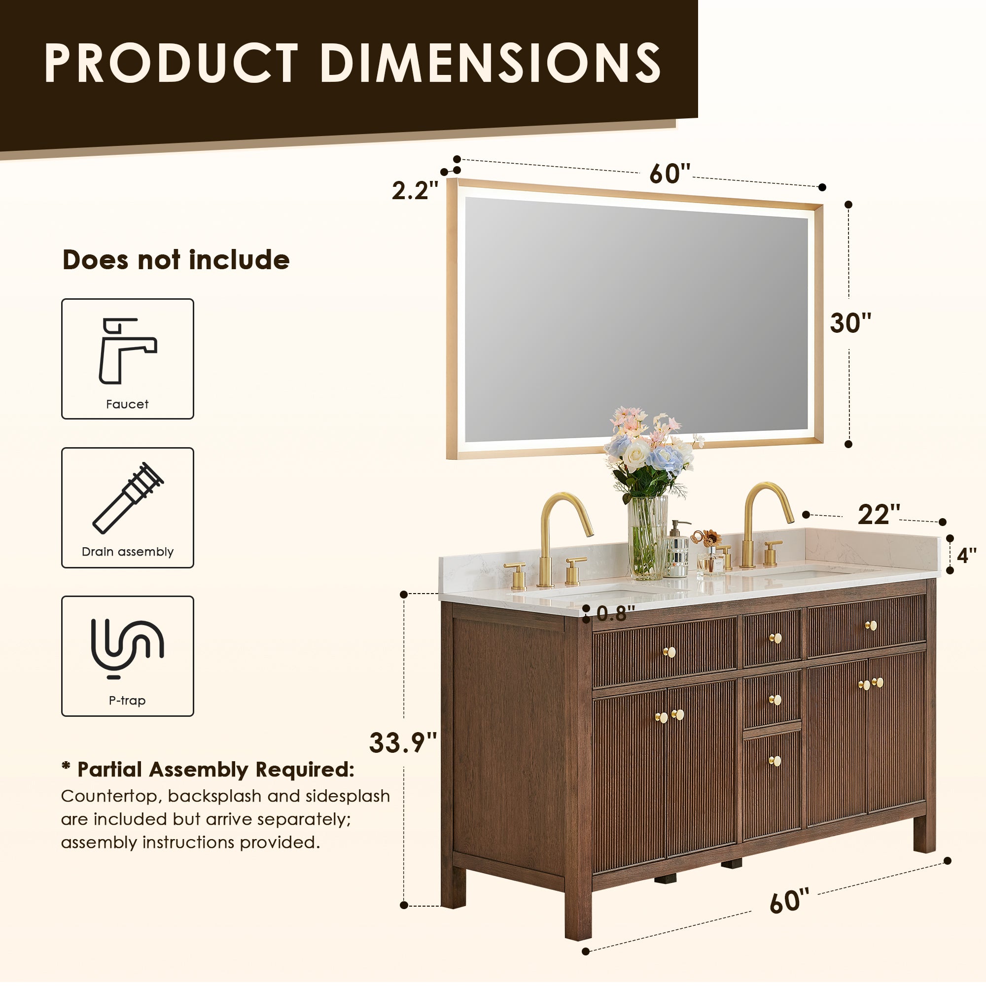 Cerrito 60" Double Bathroom Vanity with Grain White Engineered Stone Countertop