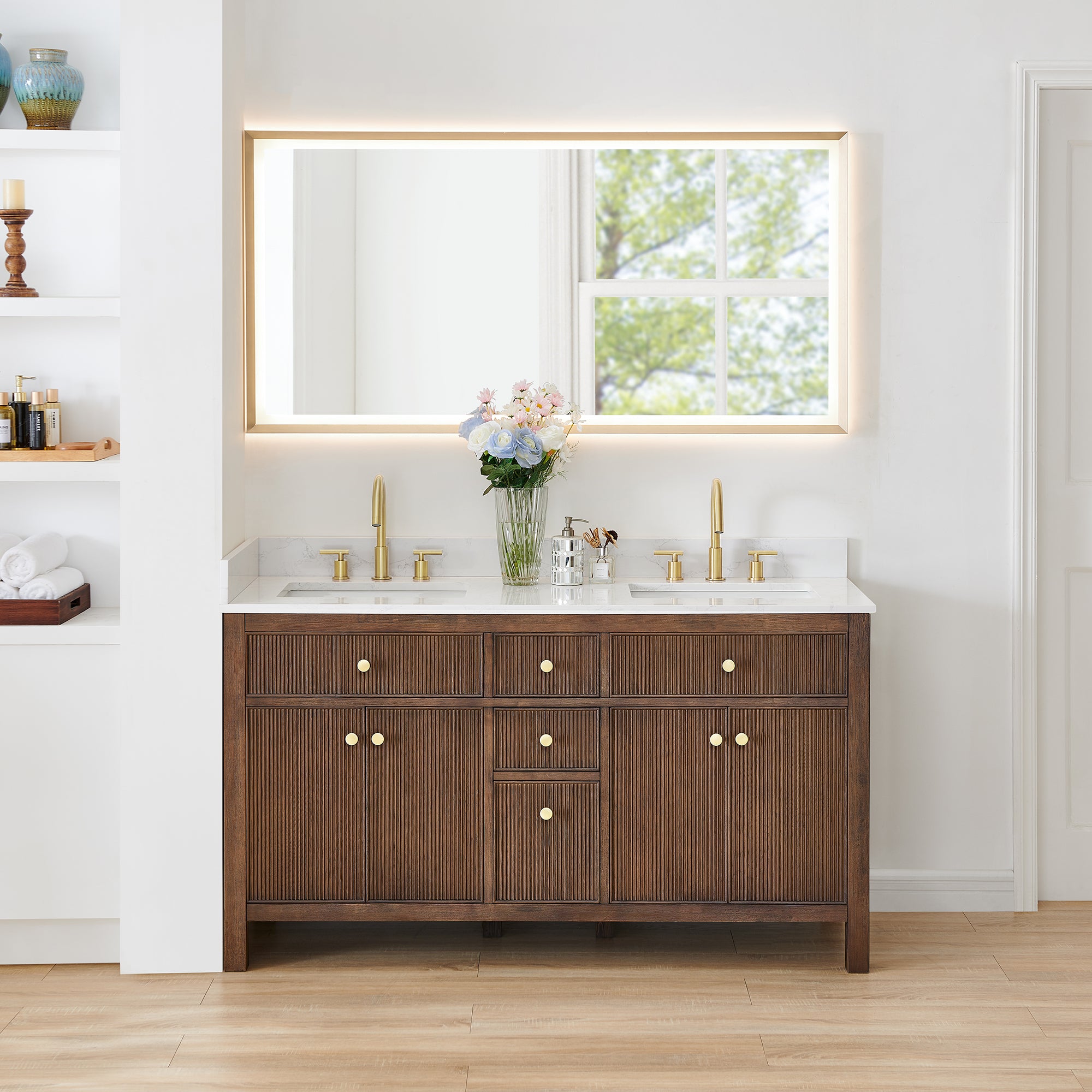 Cerrito 60" Double Bathroom Vanity with Grain White Engineered Stone Countertop