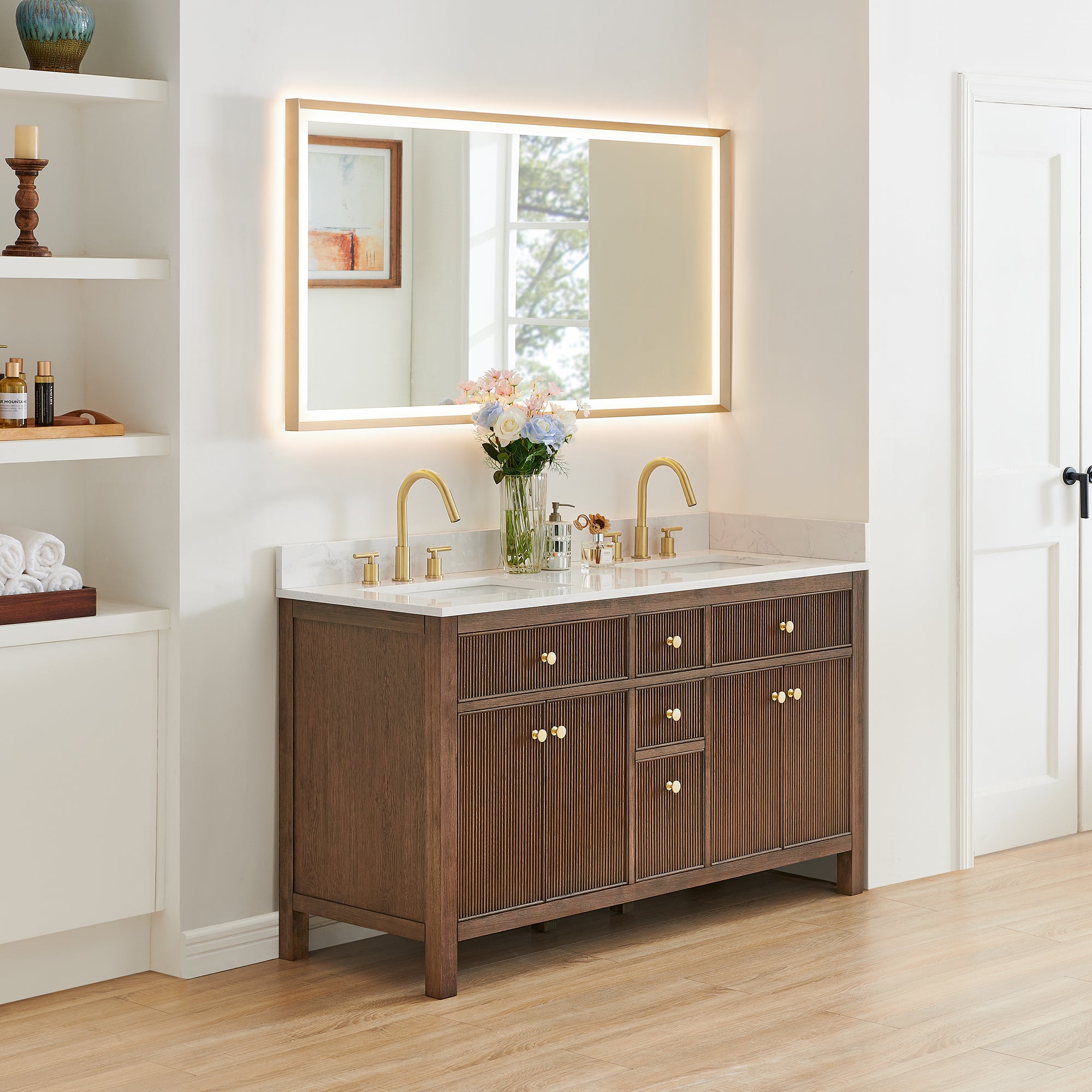 Cerrito 60" Double Bathroom Vanity with Grain White Engineered Stone Countertop