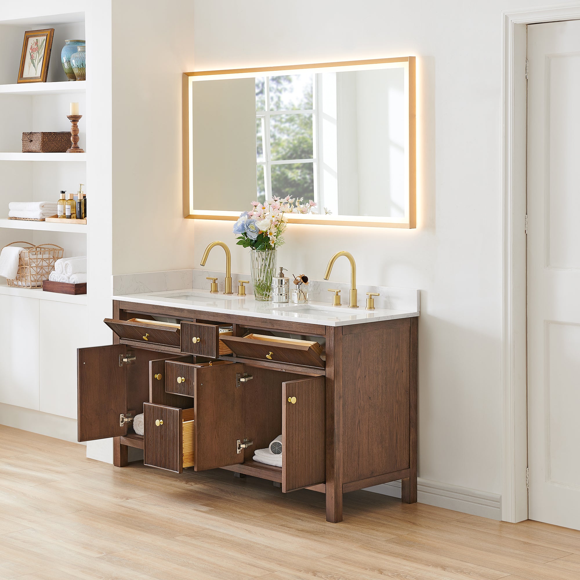 Cerrito 60" Double Bathroom Vanity with Grain White Engineered Stone Countertop