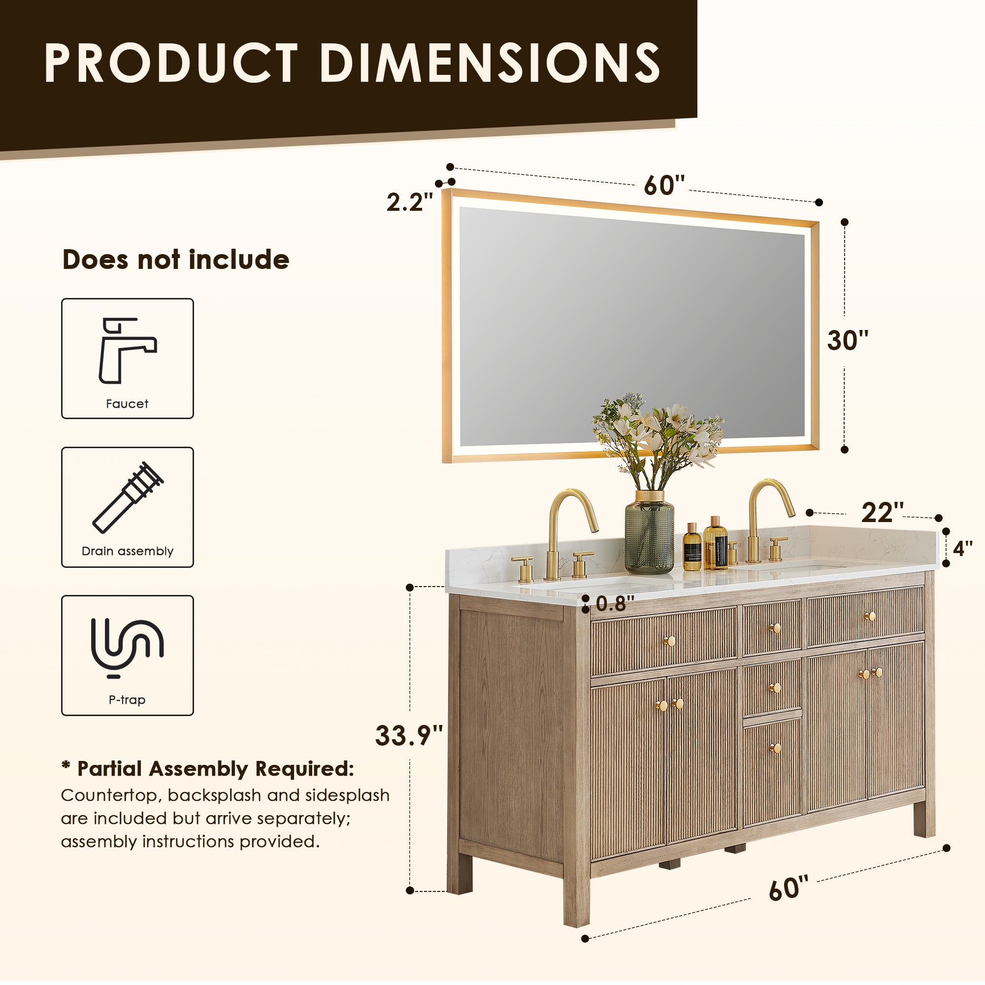 Cerrito 60" Double Bathroom Vanity with Grain White Engineered Stone Countertop