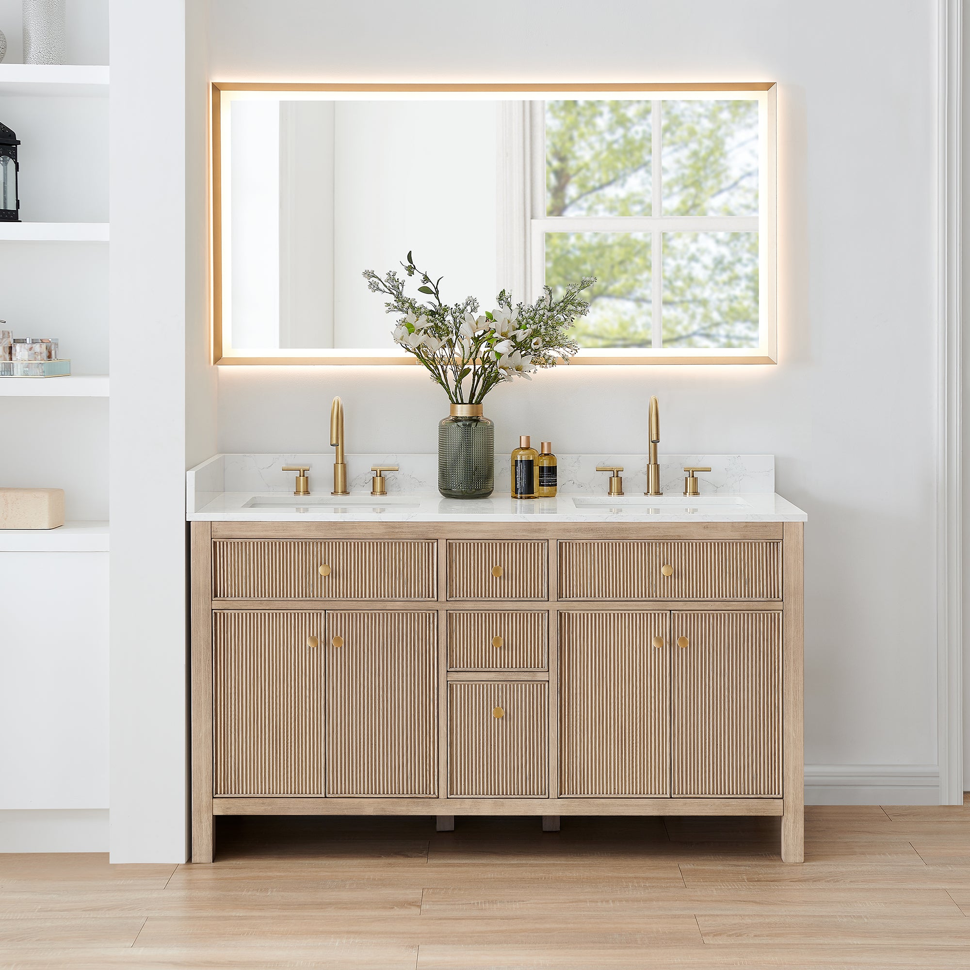 Cerrito 60" Double Bathroom Vanity with Grain White Engineered Stone Countertop