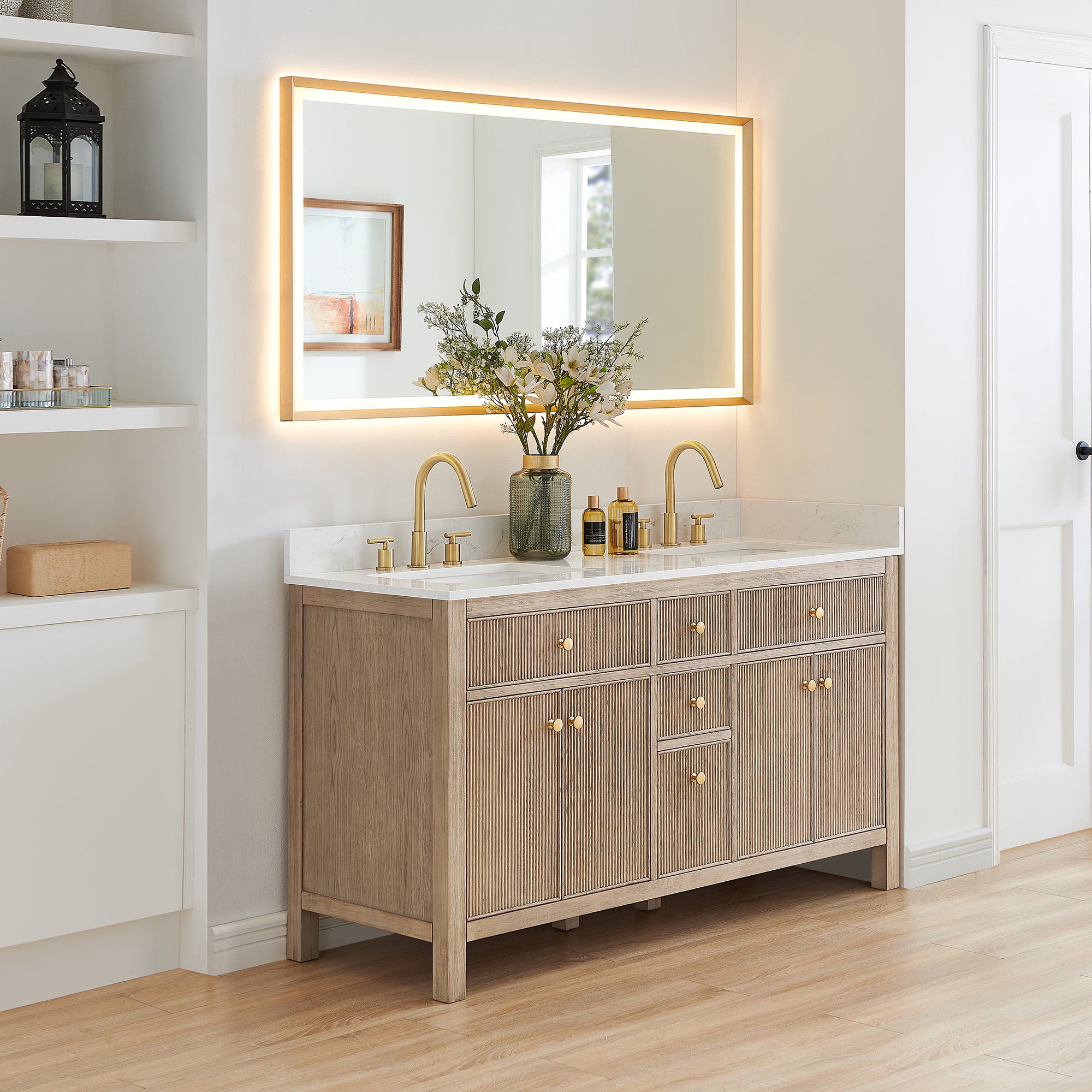 Cerrito 60" Double Bathroom Vanity with Grain White Engineered Stone Countertop