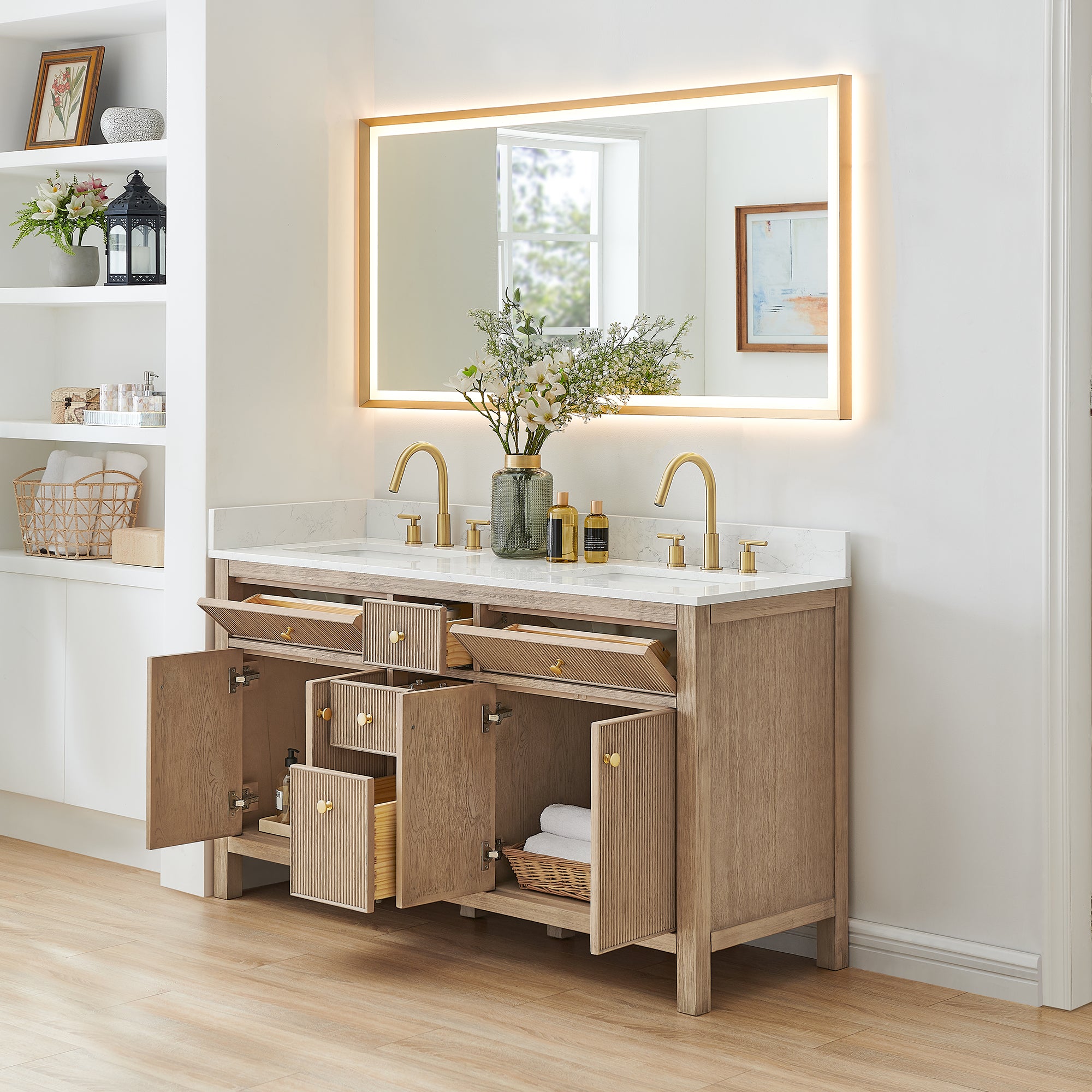 Cerrito 60" Double Bathroom Vanity with Grain White Engineered Stone Countertop