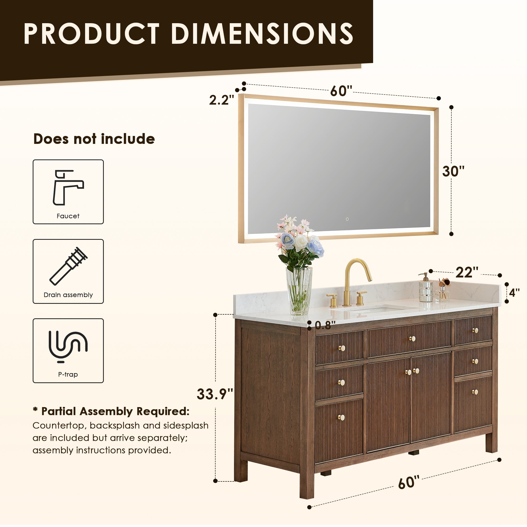 Cerrito 60" Single Bathroom Vanity with Grain White Engineered Stone Countertop