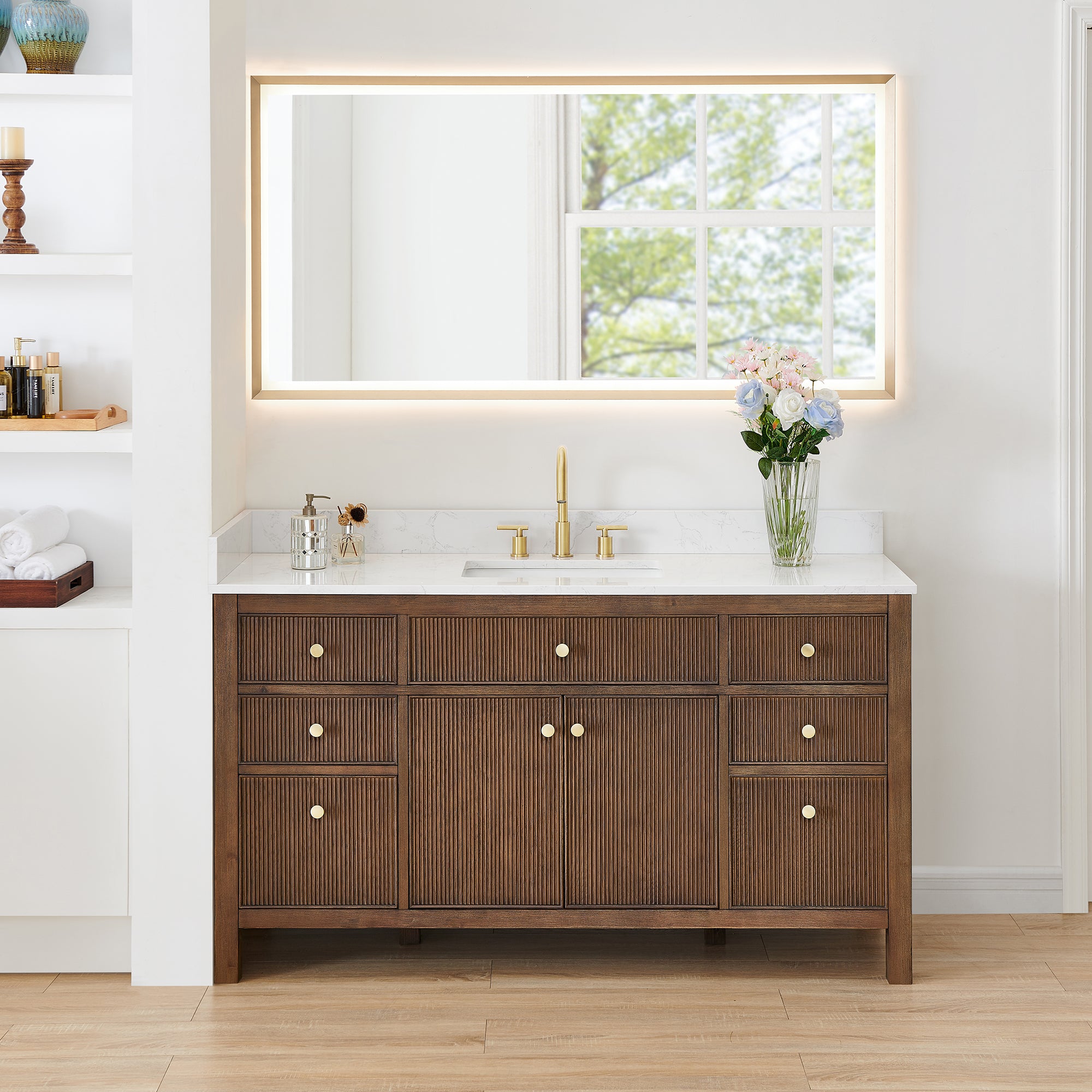 Cerrito 60" Single Bathroom Vanity with Grain White Engineered Stone Countertop