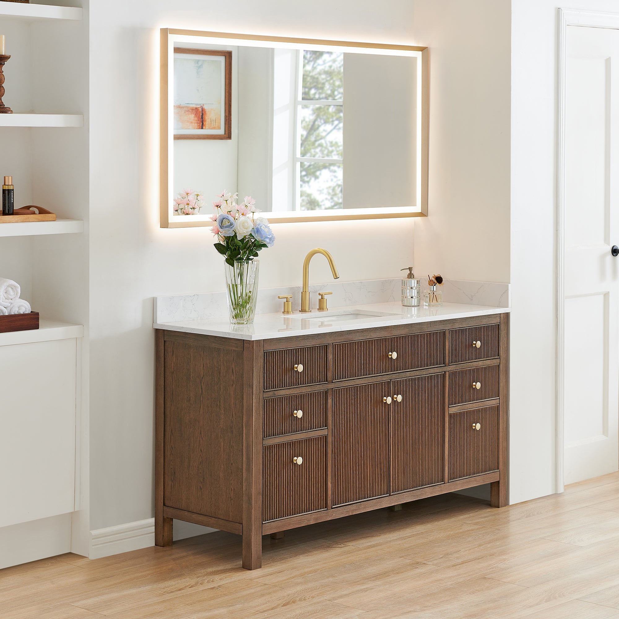 Cerrito 60" Single Bathroom Vanity with Grain White Engineered Stone Countertop