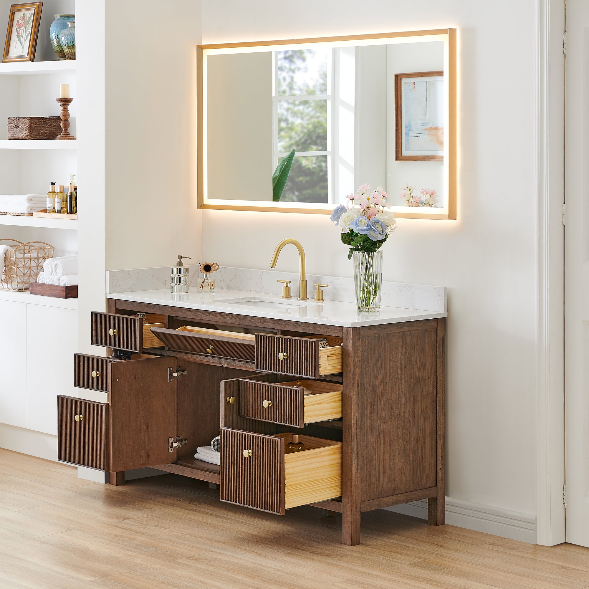 Cerrito 60" Single Bathroom Vanity with Grain White Engineered Stone Countertop