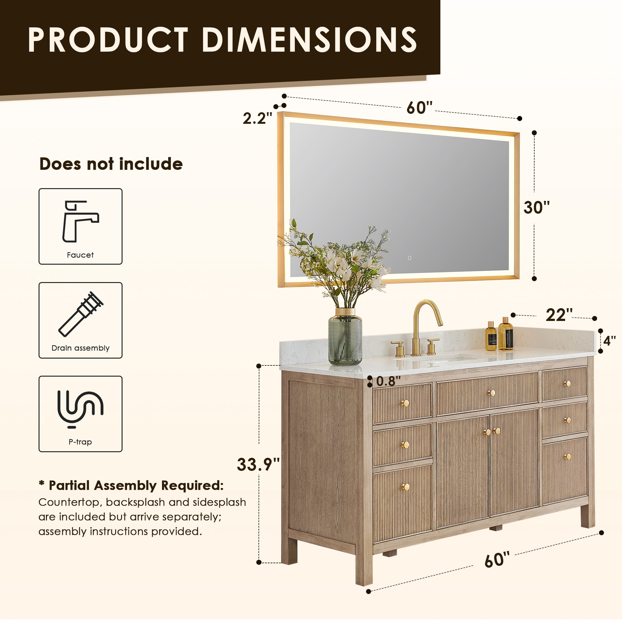 Cerrito 60" Single Bathroom Vanity with Grain White Engineered Stone Countertop