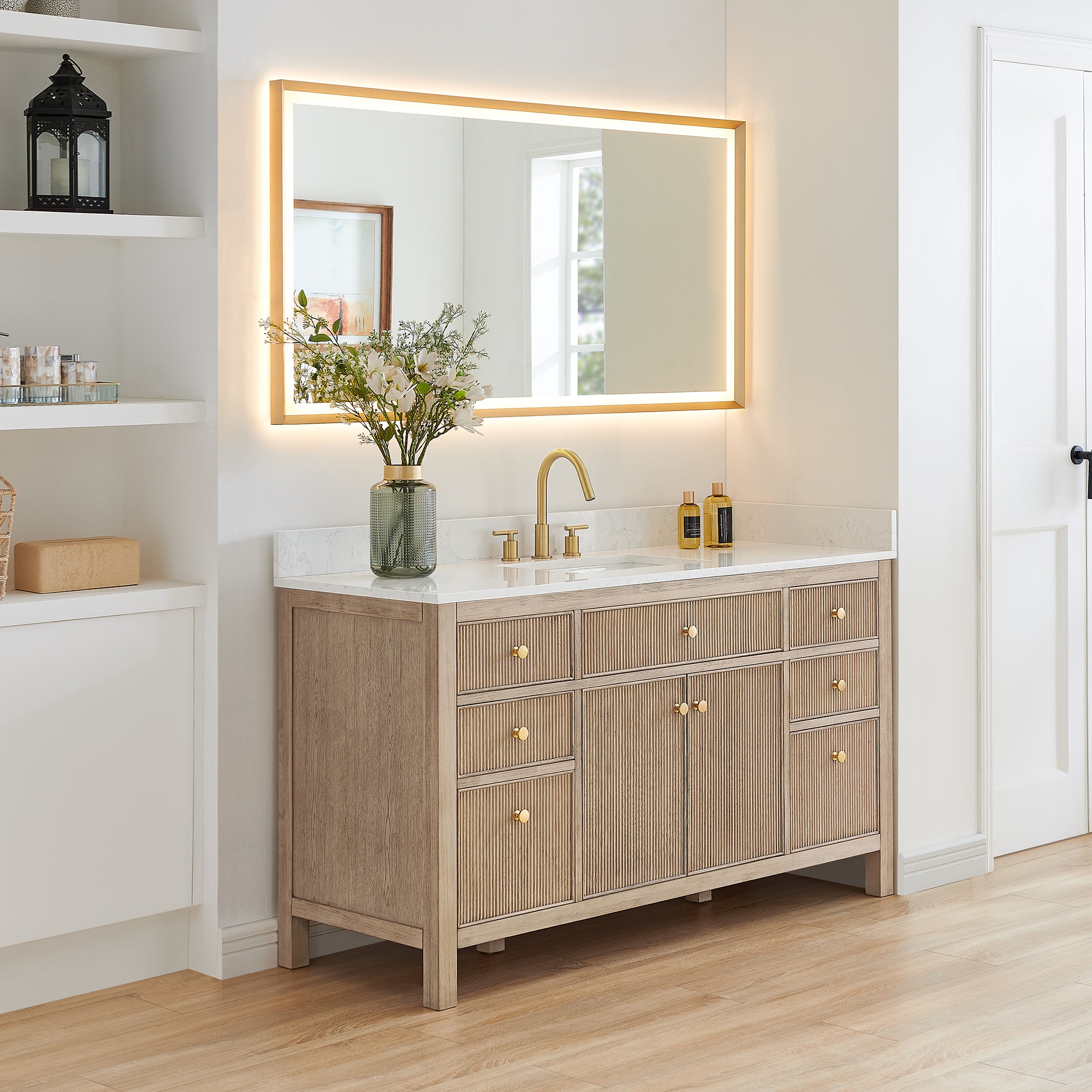 Cerrito 60" Single Bathroom Vanity with Grain White Engineered Stone Countertop