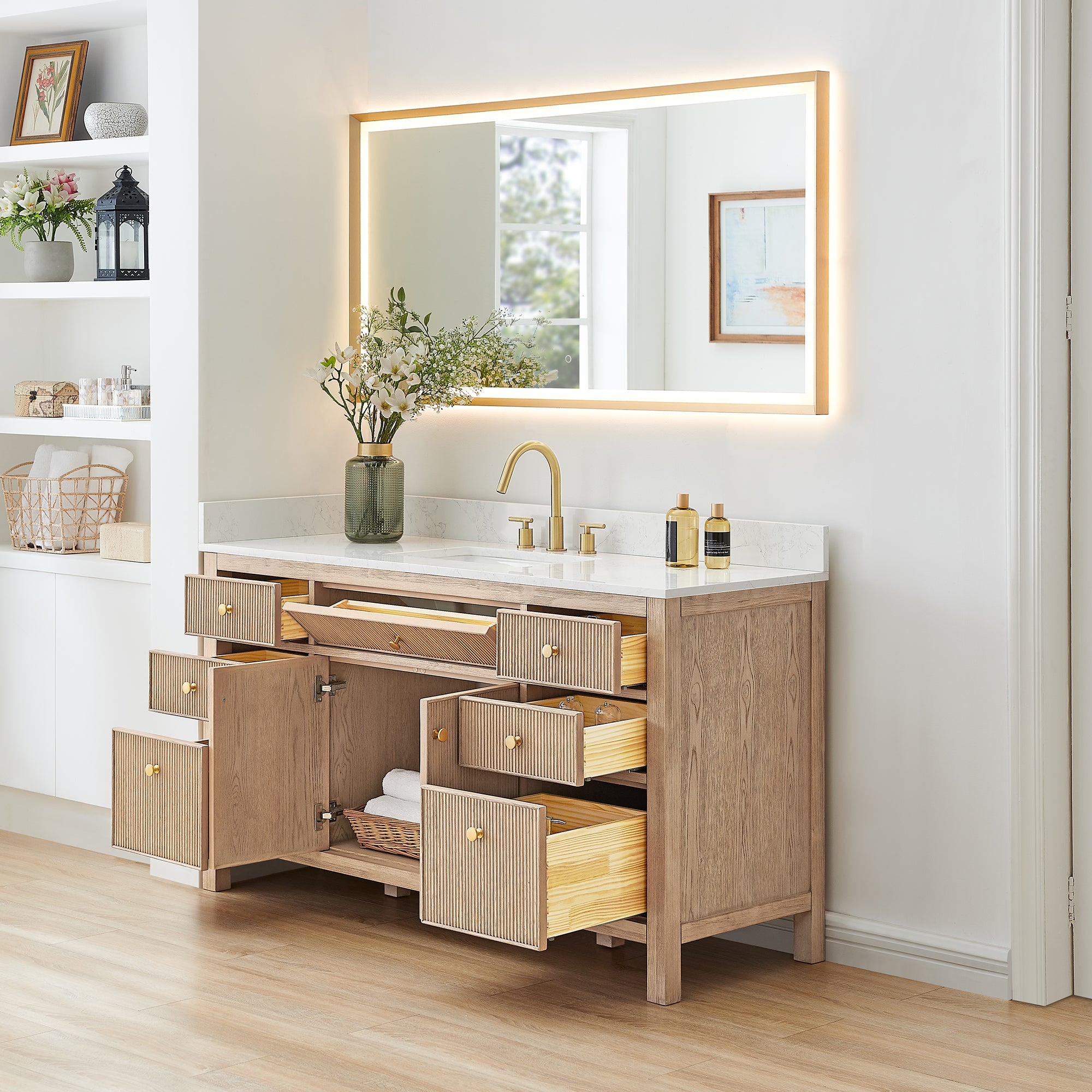 Cerrito 60" Single Bathroom Vanity with Grain White Engineered Stone Countertop