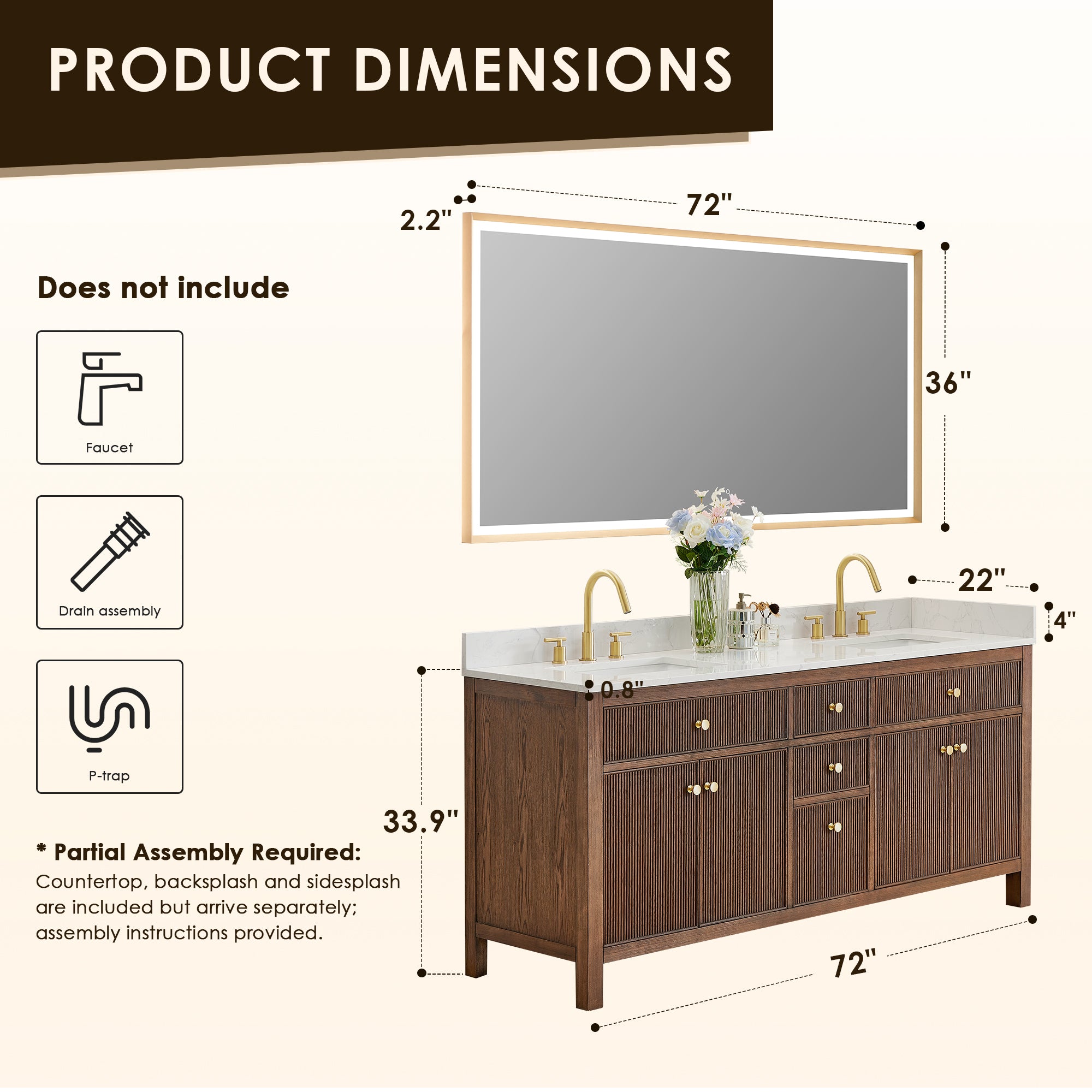 Cerrito 72" Double Bathroom Vanity with Grain White Engineered Stone Countertop