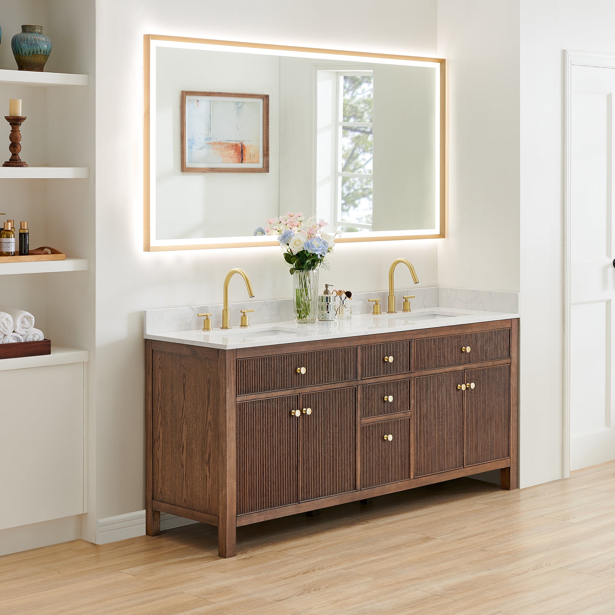 Cerrito 72" Double Bathroom Vanity with Grain White Engineered Stone Countertop