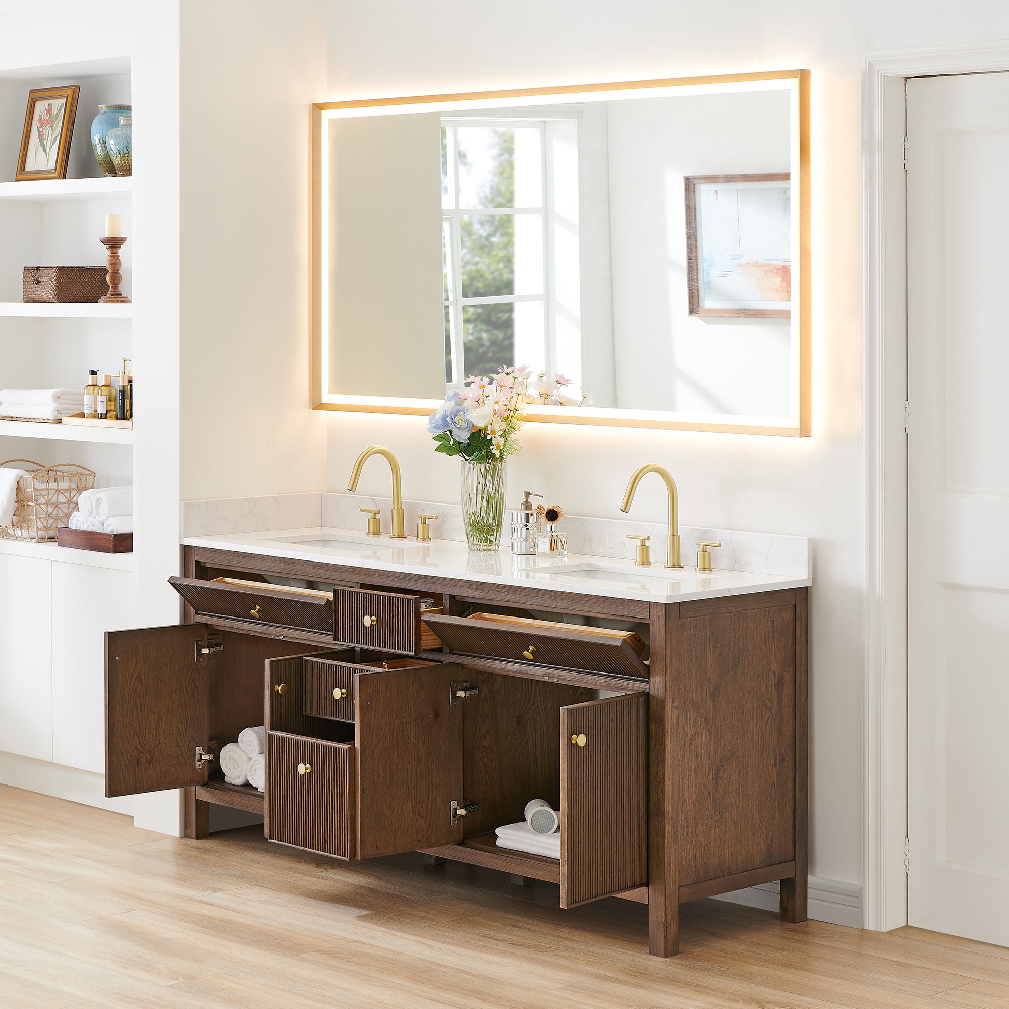 Cerrito 72" Double Bathroom Vanity with Grain White Engineered Stone Countertop