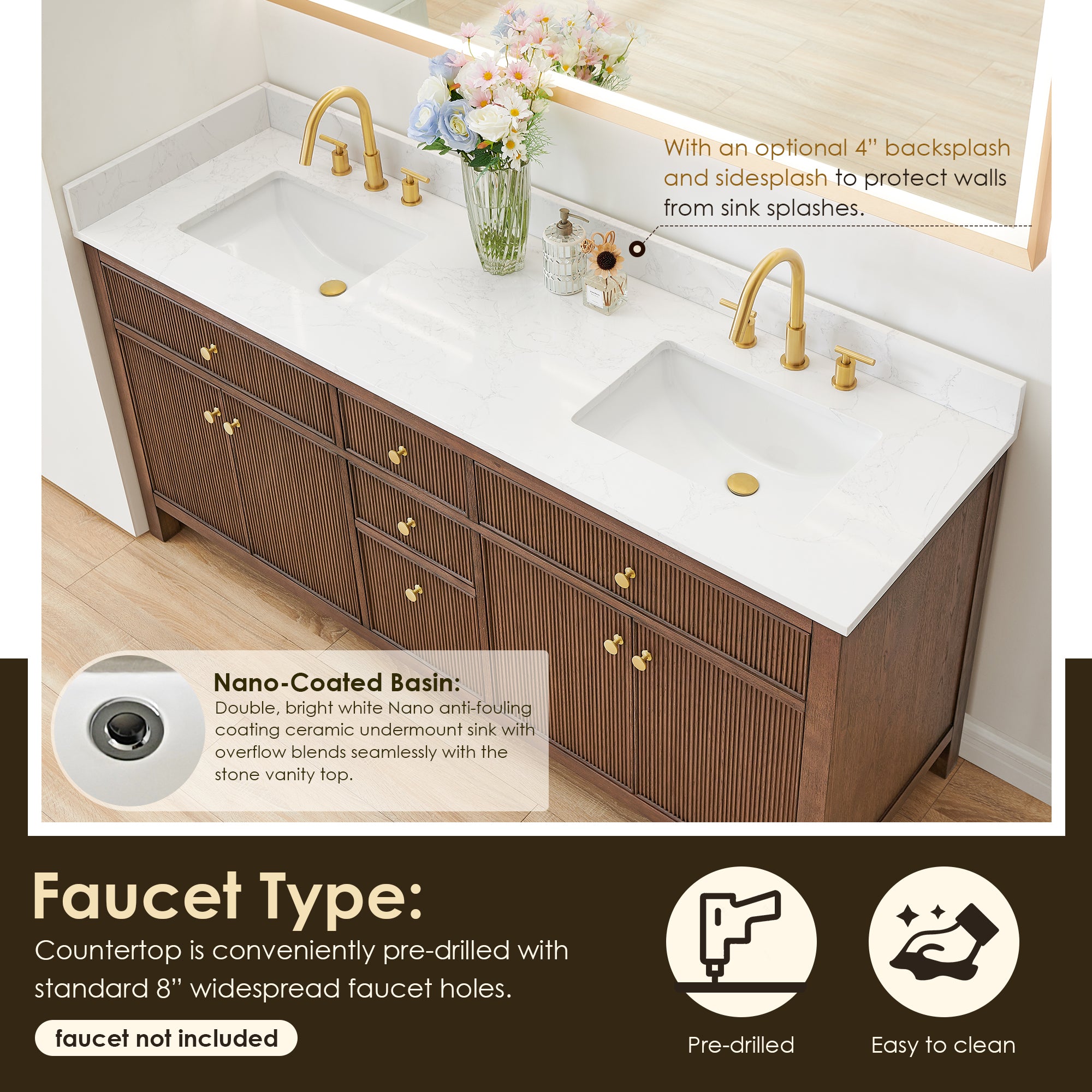 Cerrito 72" Double Bathroom Vanity with Grain White Engineered Stone Countertop