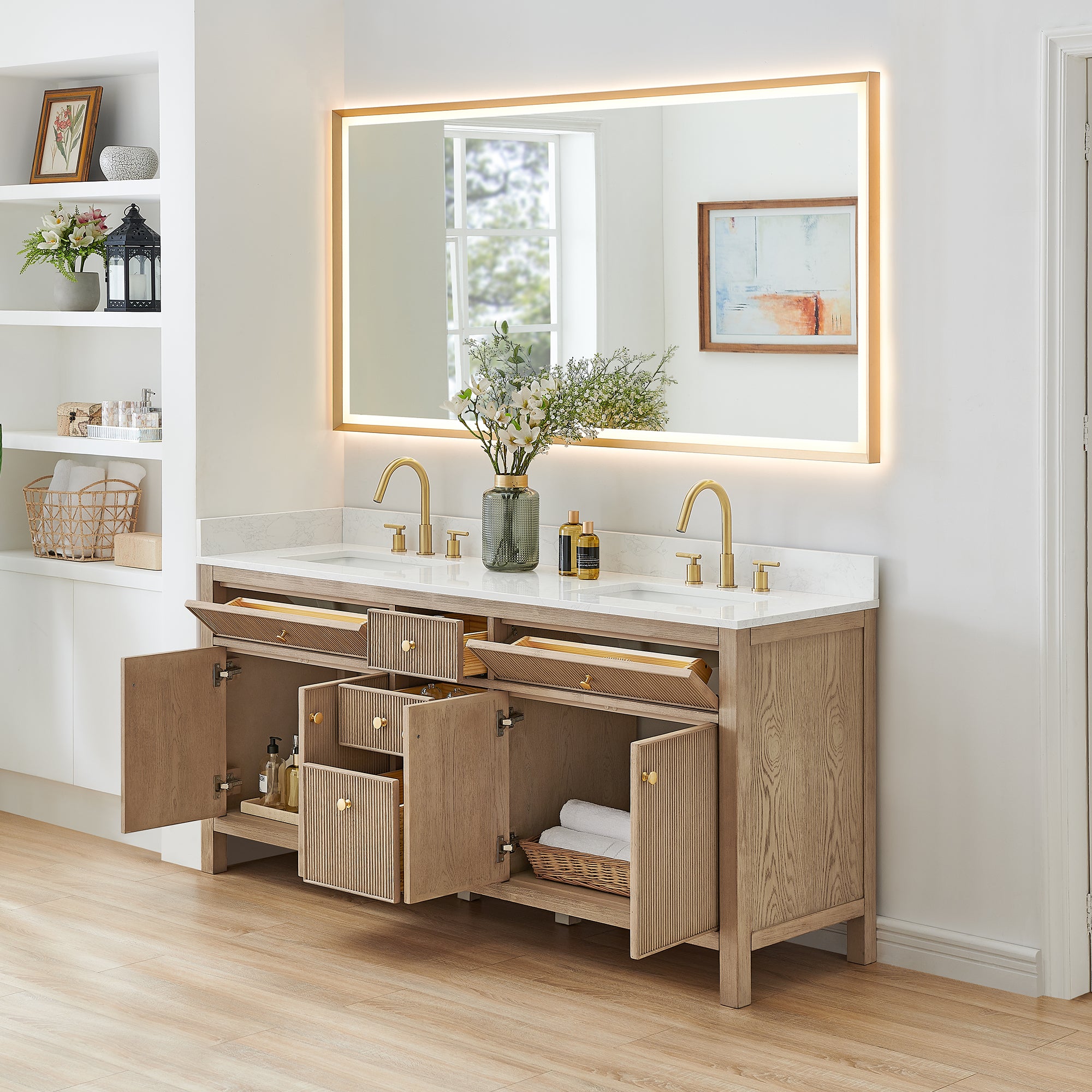 Cerrito 72" Double Bathroom Vanity with Grain White Engineered Stone Countertop