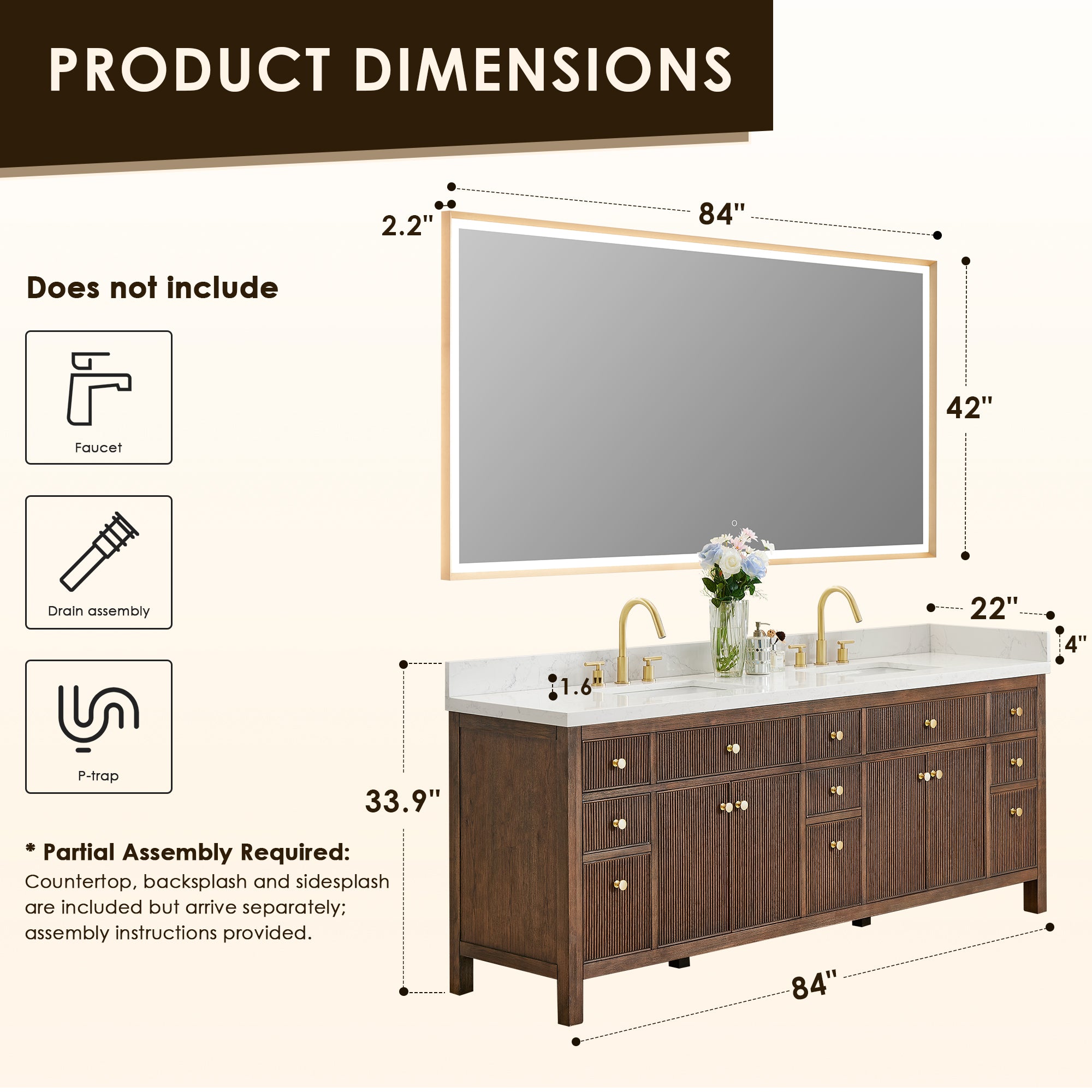 Cerrito 84" Double Bathroom Vanity with Grain White Engineered Stone Countertop