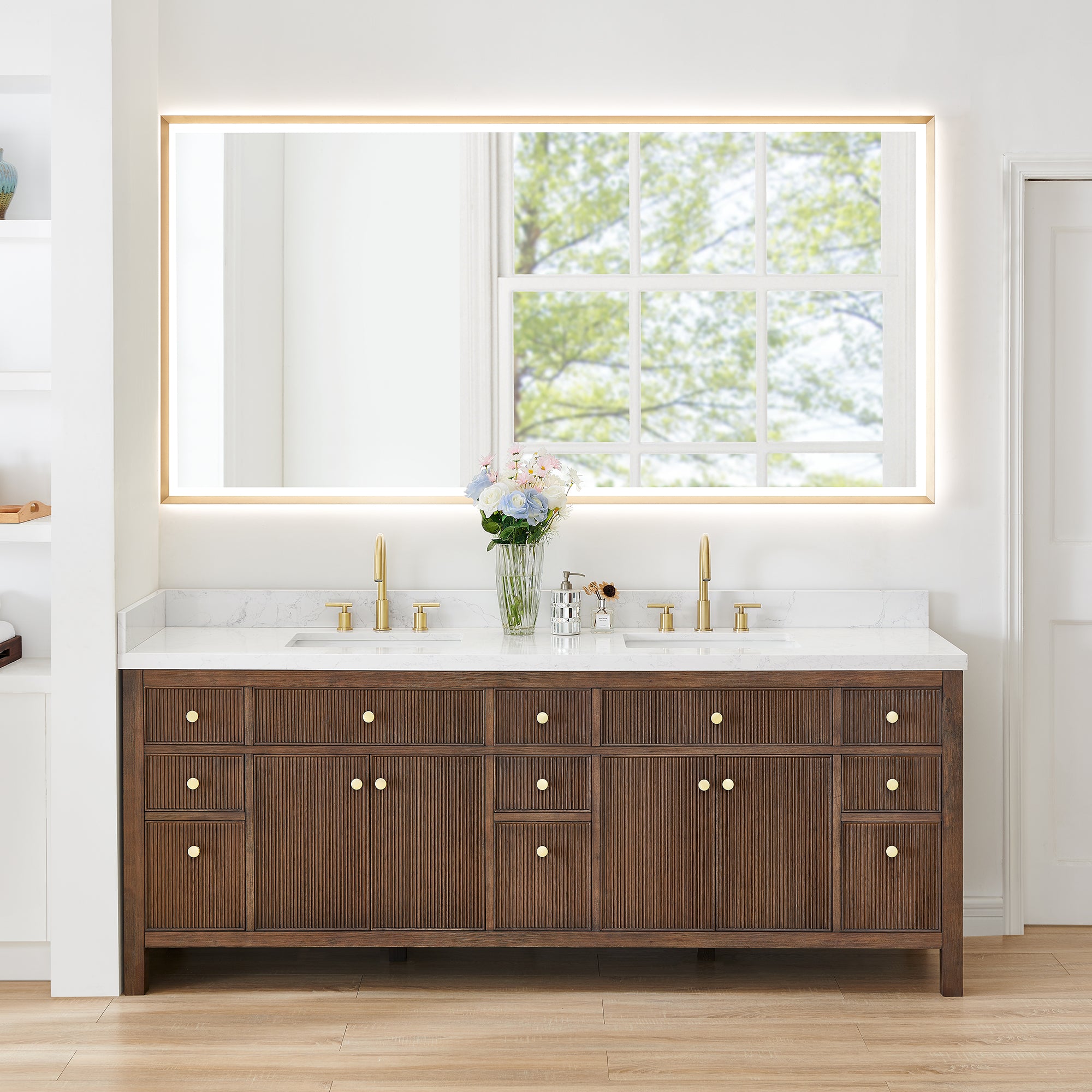 Cerrito 84" Double Bathroom Vanity with Grain White Engineered Stone Countertop