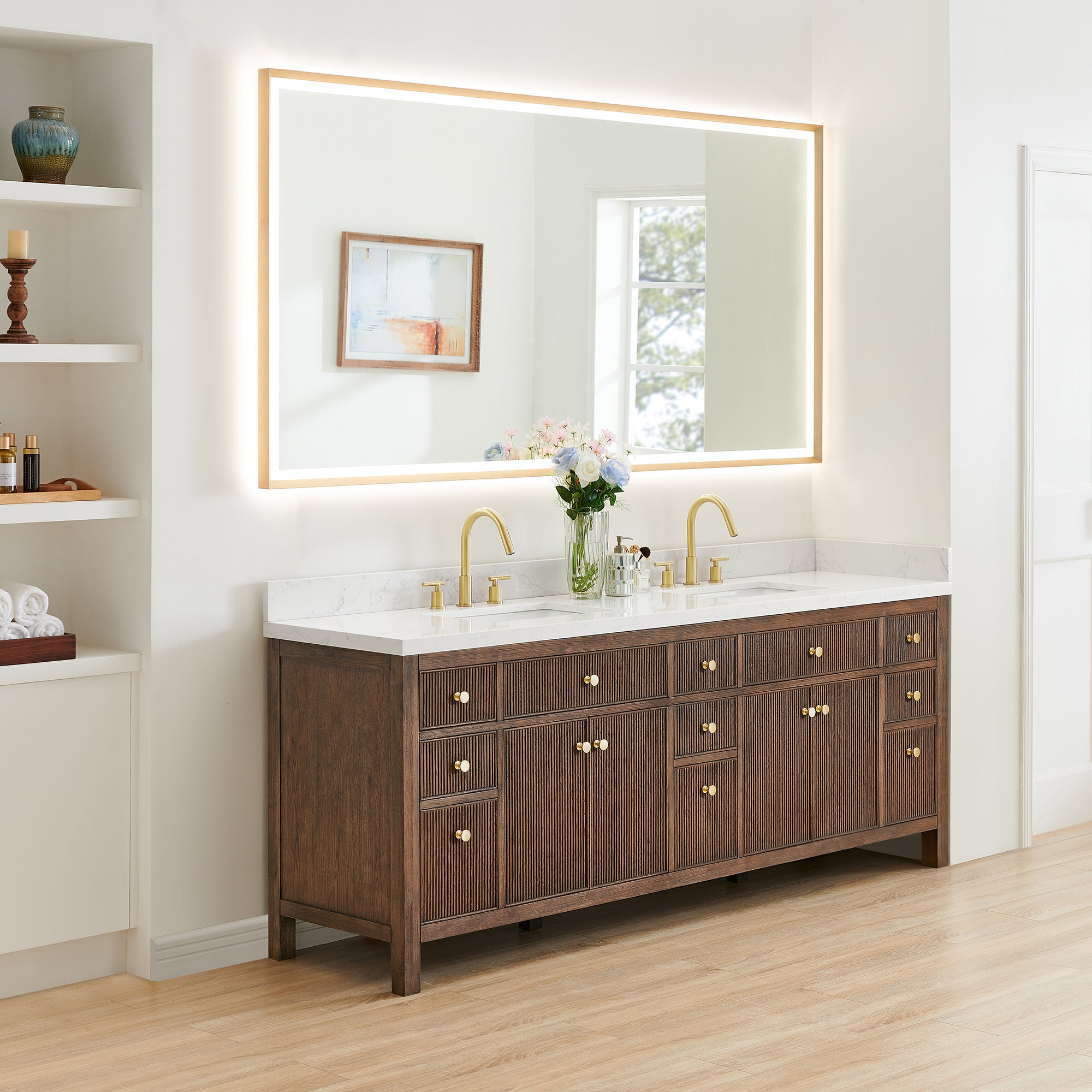 Cerrito 84" Double Bathroom Vanity with Grain White Engineered Stone Countertop