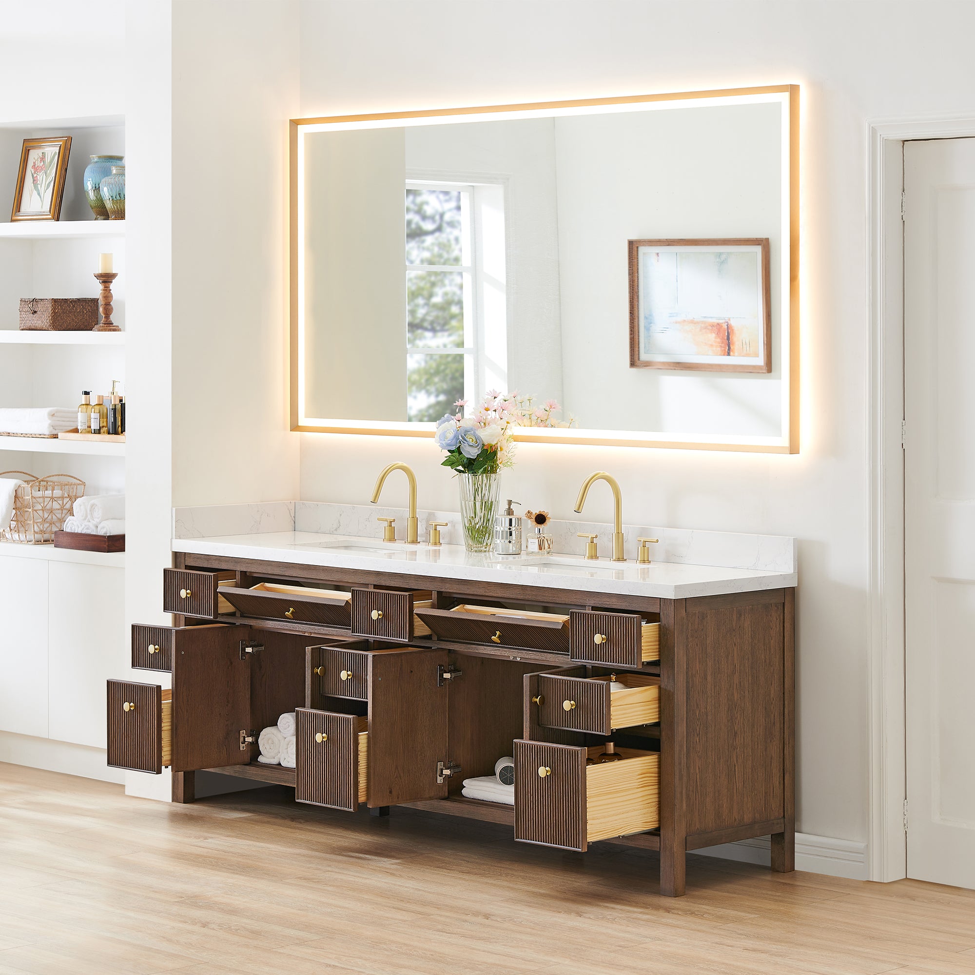 Cerrito 84" Double Bathroom Vanity with Grain White Engineered Stone Countertop