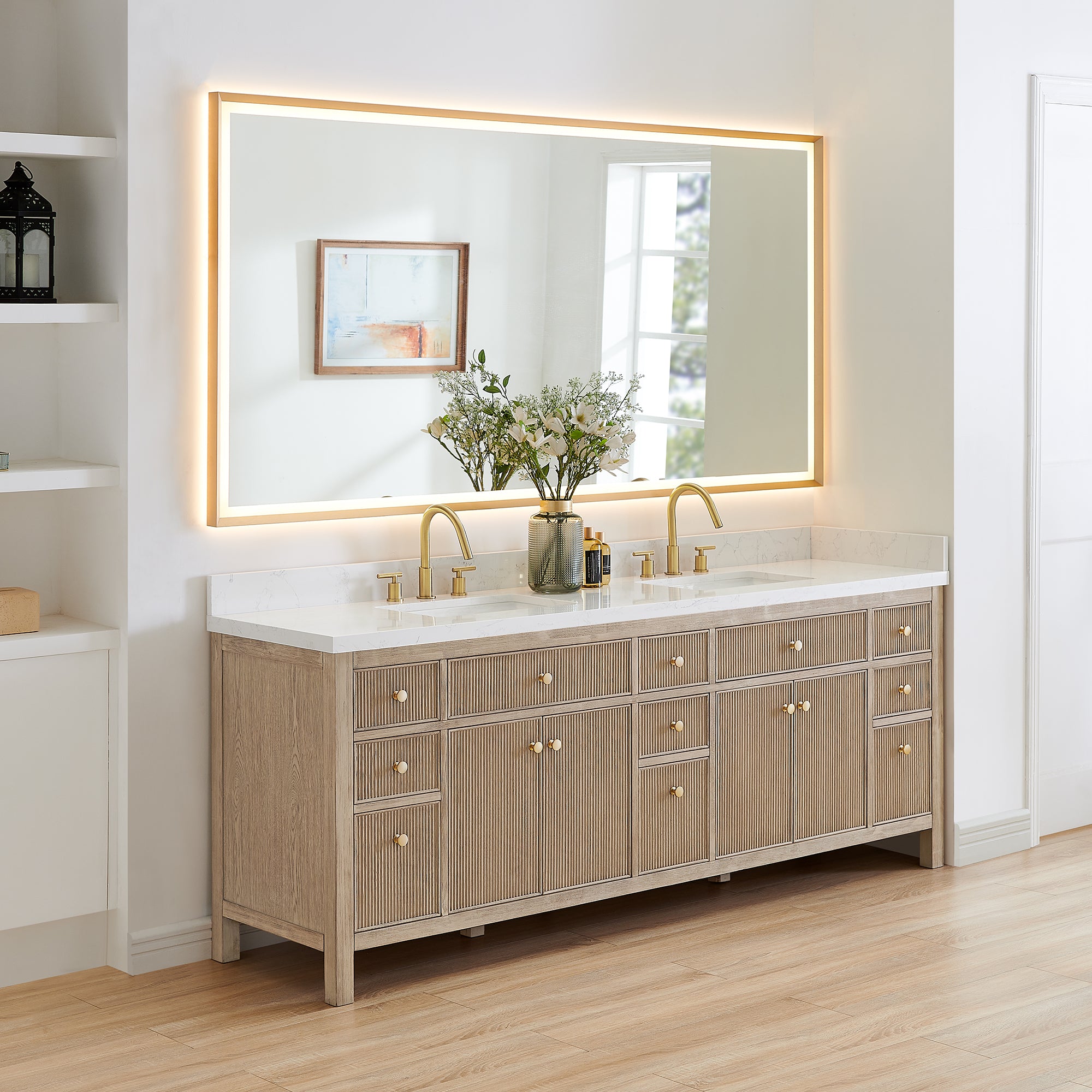 Cerrito 84" Double Bathroom Vanity with Grain White Engineered Stone Countertop