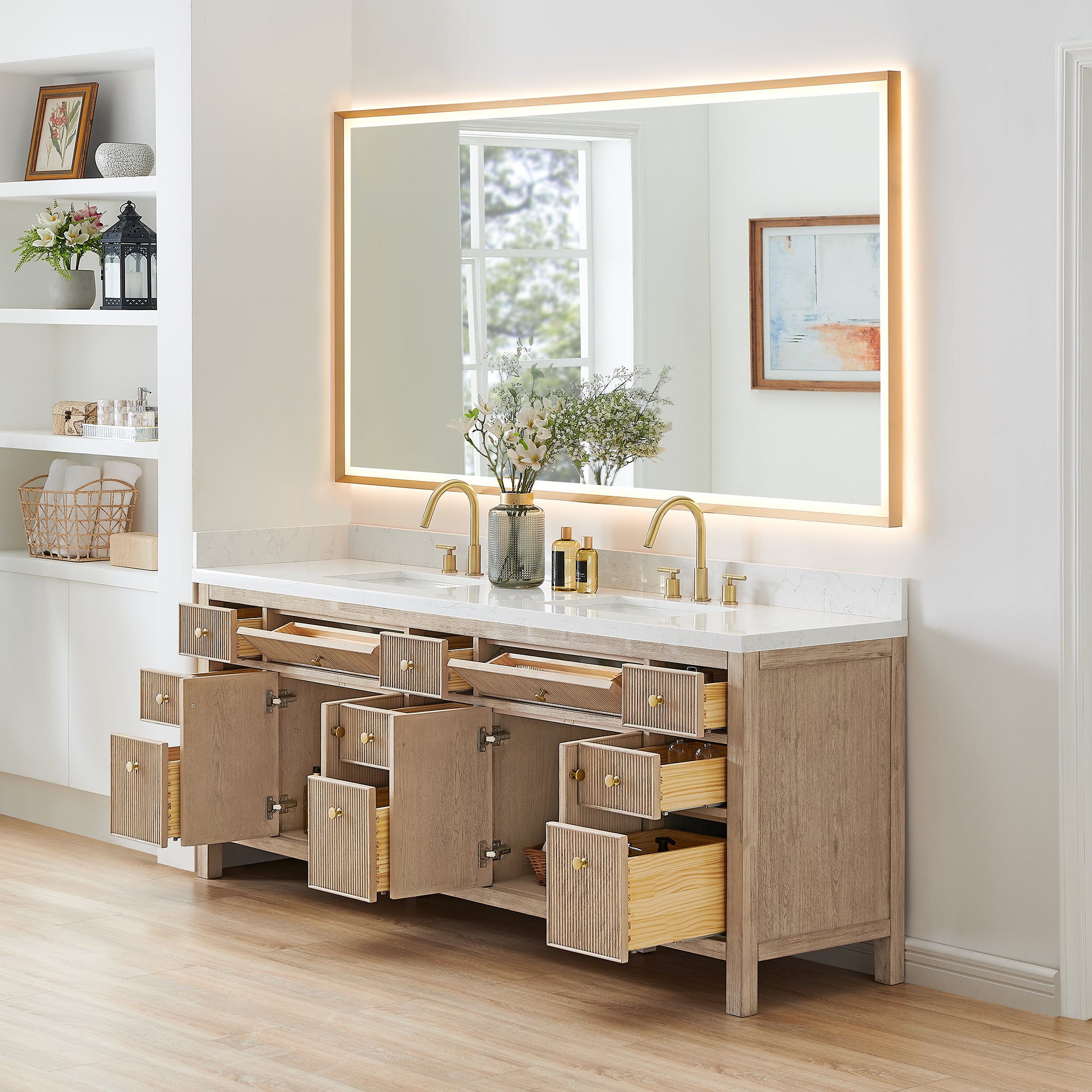 Cerrito 84" Double Bathroom Vanity with Grain White Engineered Stone Countertop