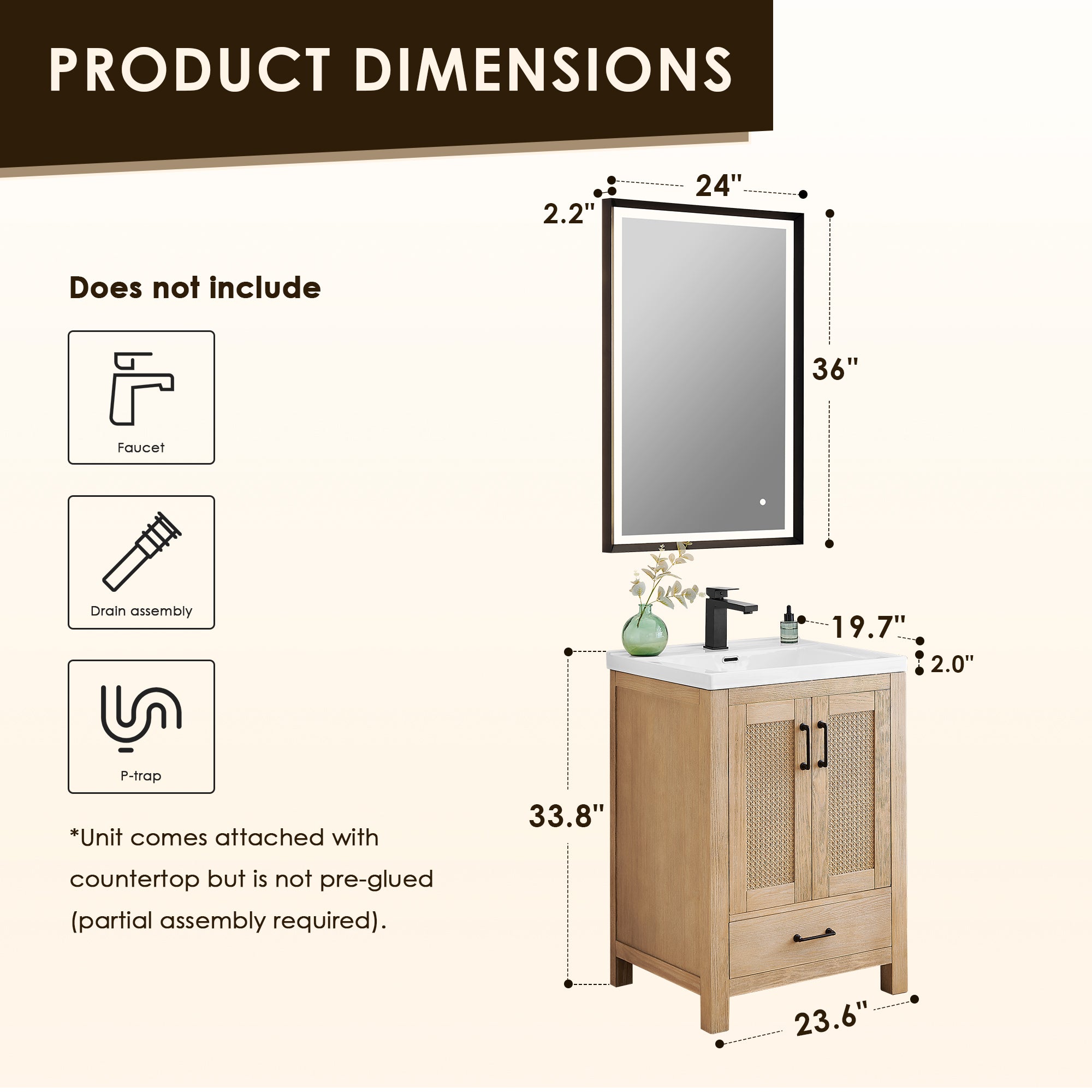 Bondi 24" Single Bathroom Vanity in Light Brown with White Ceramic Drop-in Sink