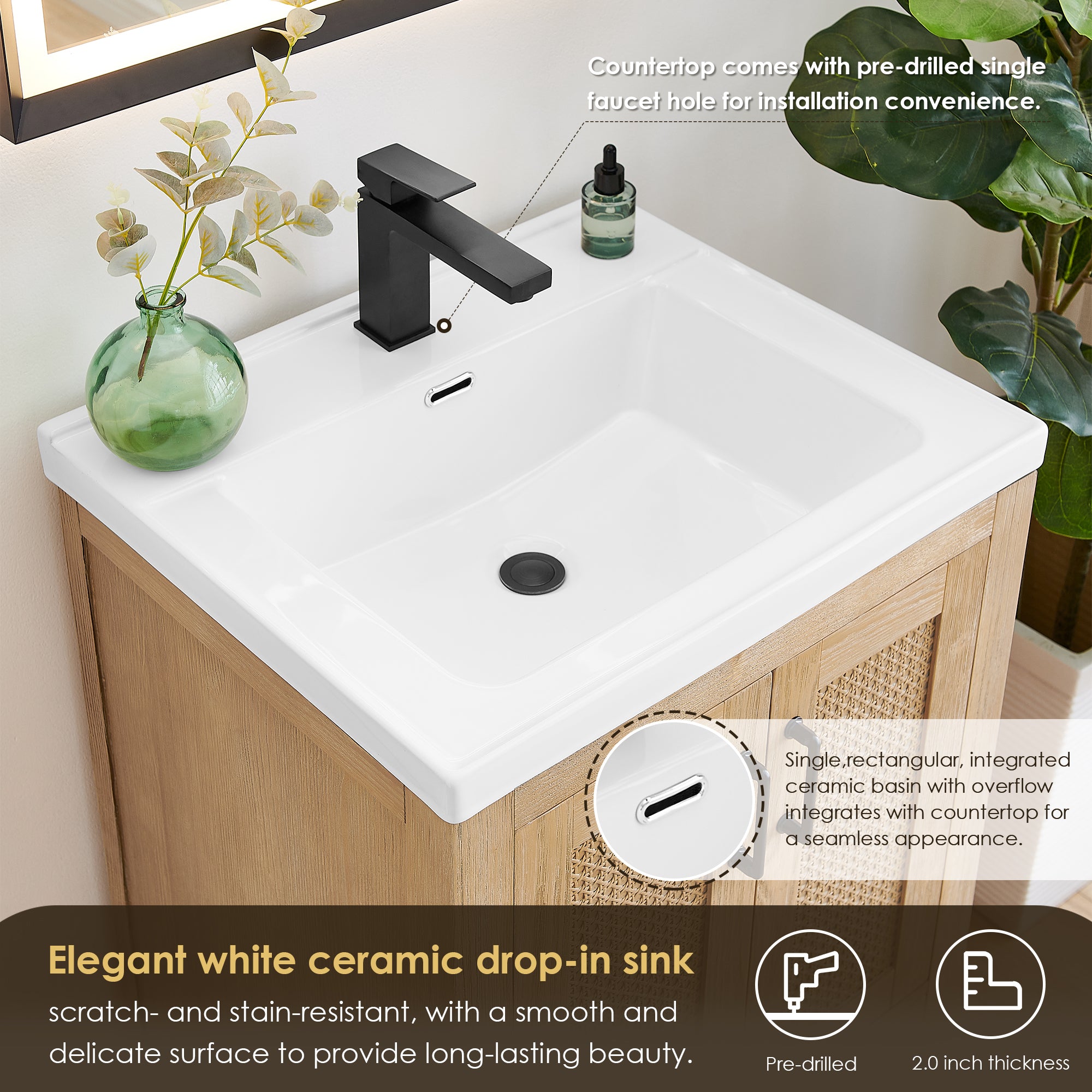 Bondi 24" Single Bathroom Vanity in Light Brown with White Ceramic Drop-in Sink