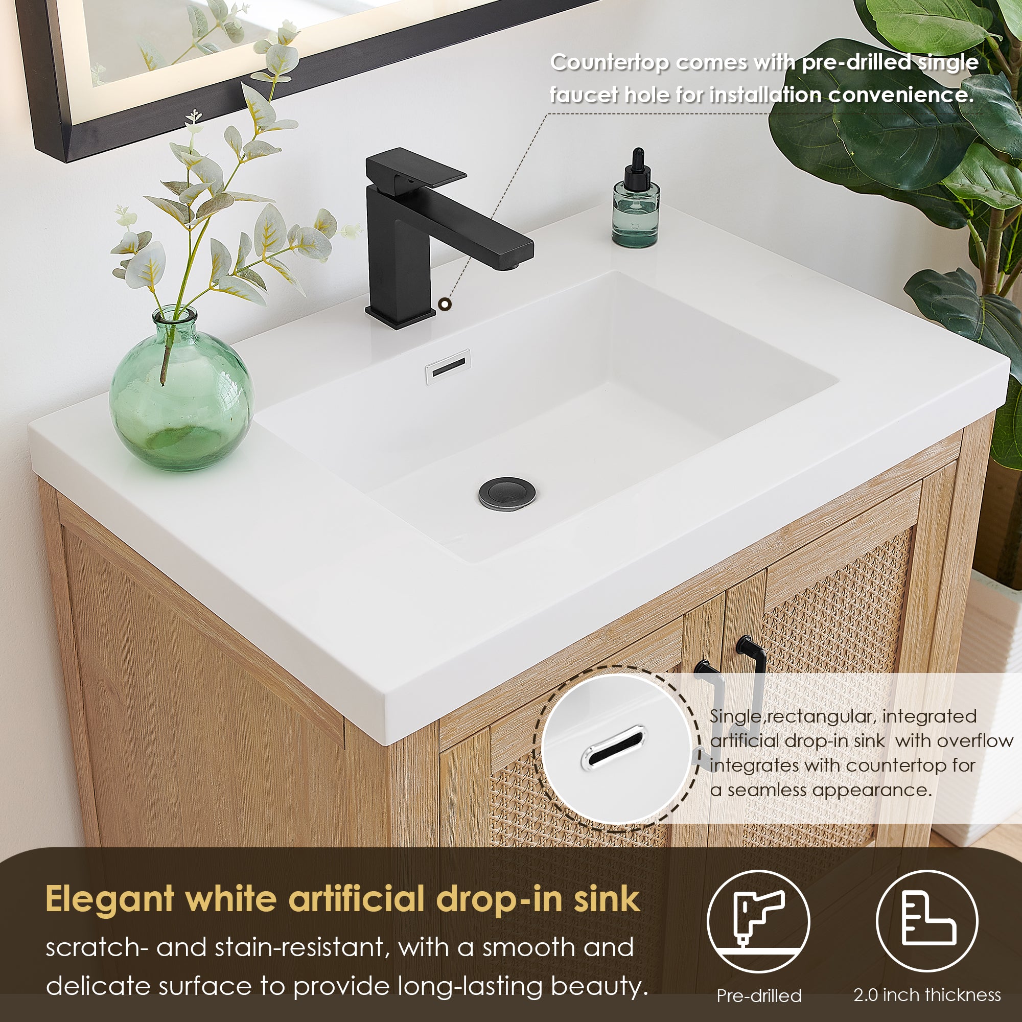 Bondi 30" Single Bathroom Vanity in Light Brown with White Artificial Drop-in Sink