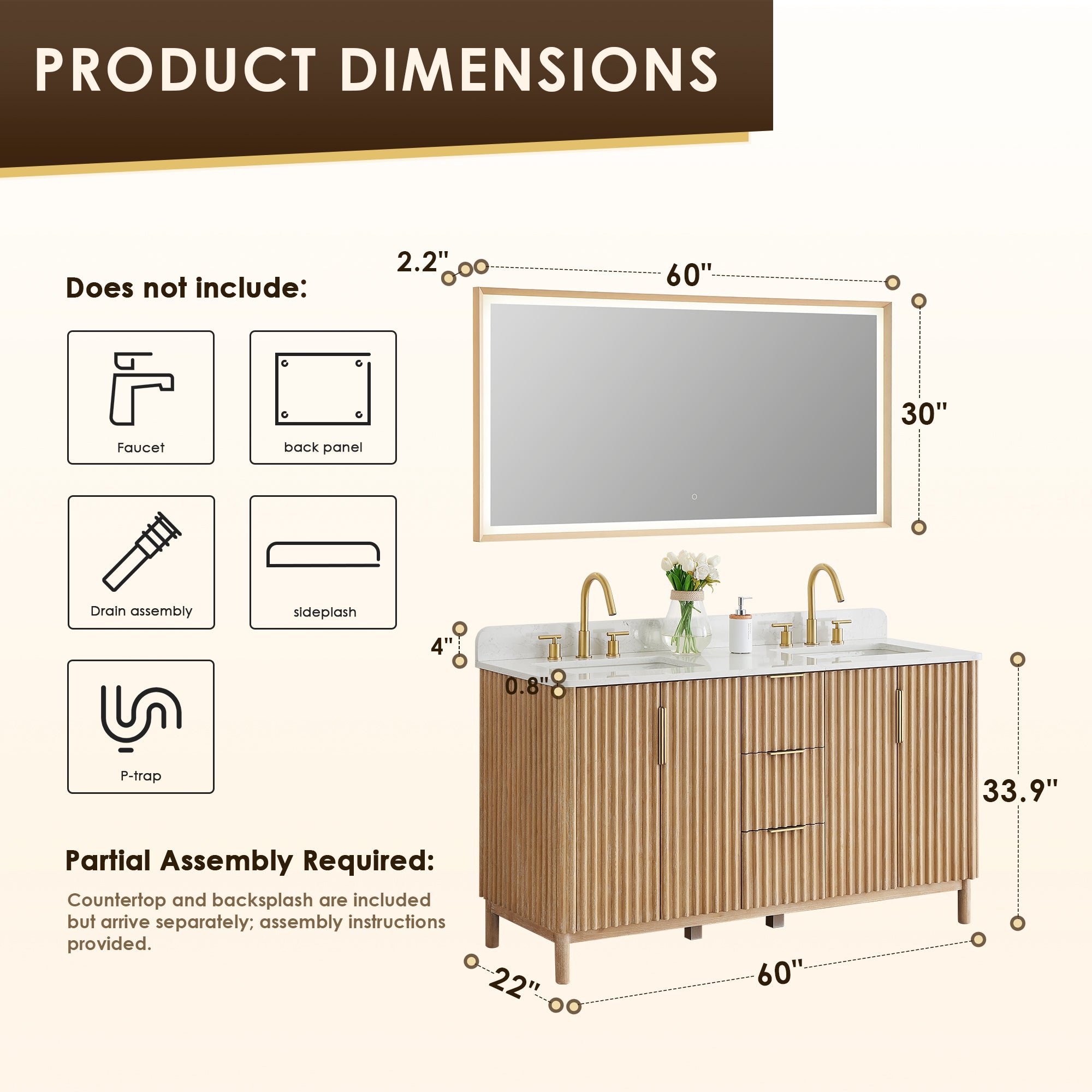 Sierra 60" Double Bathroom Vanity in Light Brown with Engineered Stone Countertop