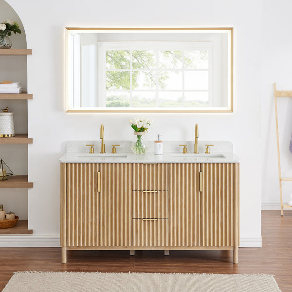 Sierra 60" Double Bathroom Vanity in Light Brown with Engineered Stone Countertop