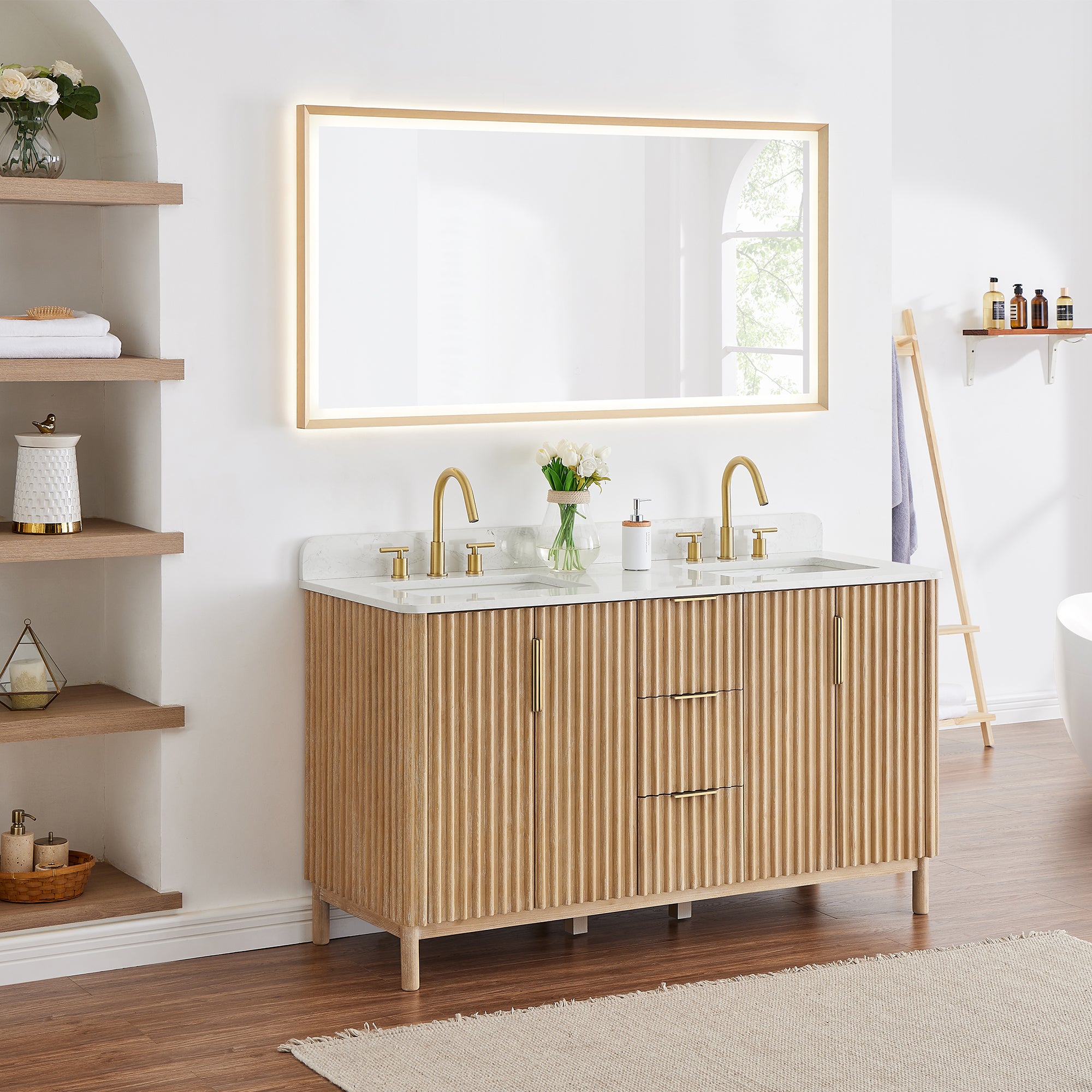 Sierra 60" Double Bathroom Vanity in Light Brown with Engineered Stone Countertop