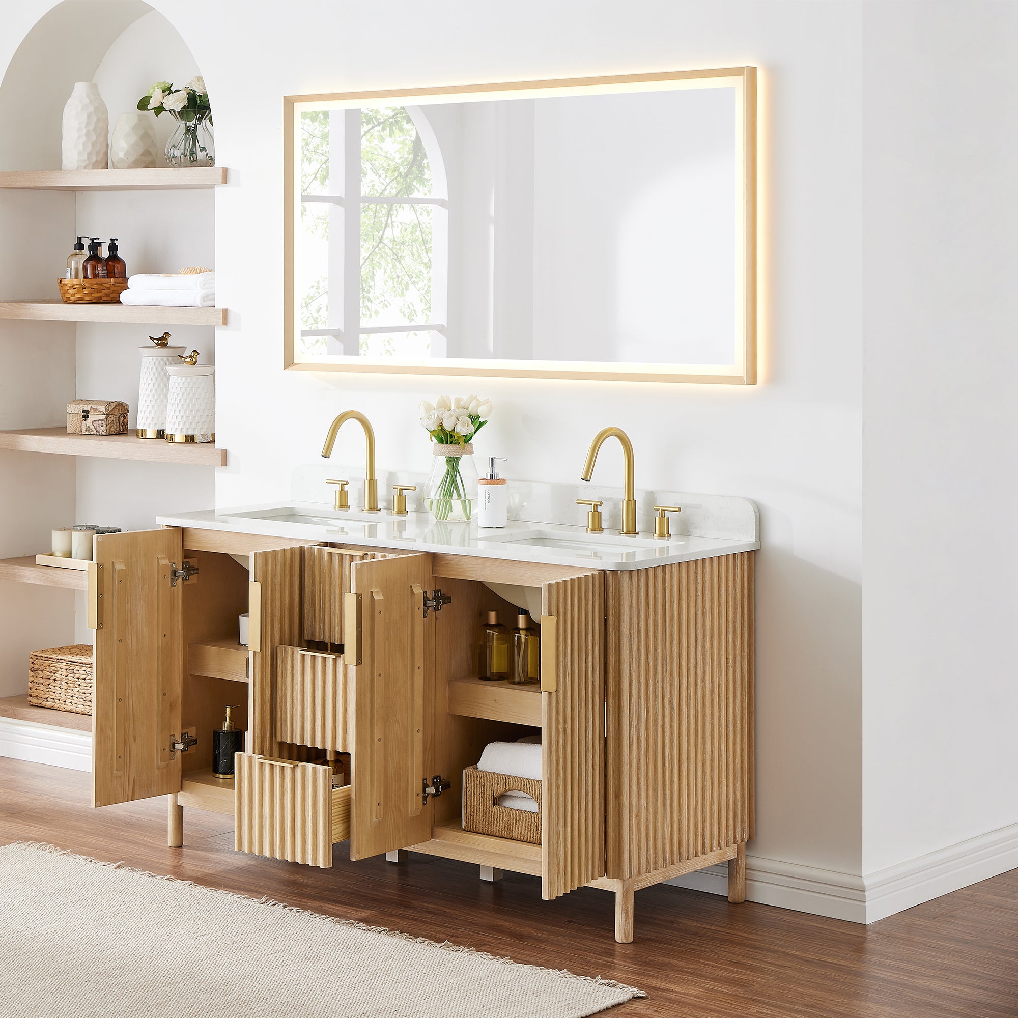 Sierra 60" Double Bathroom Vanity in Light Brown with Engineered Stone Countertop