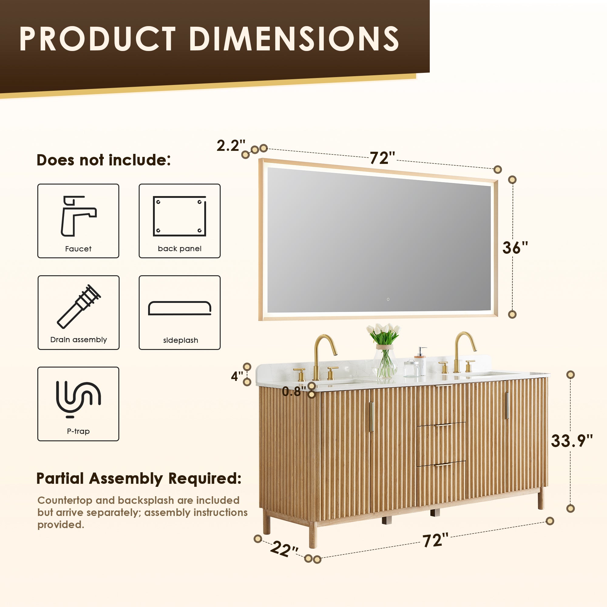 Sierra 72" Double Bathroom Vanity in Light Brown with Engineered Stone Countertop