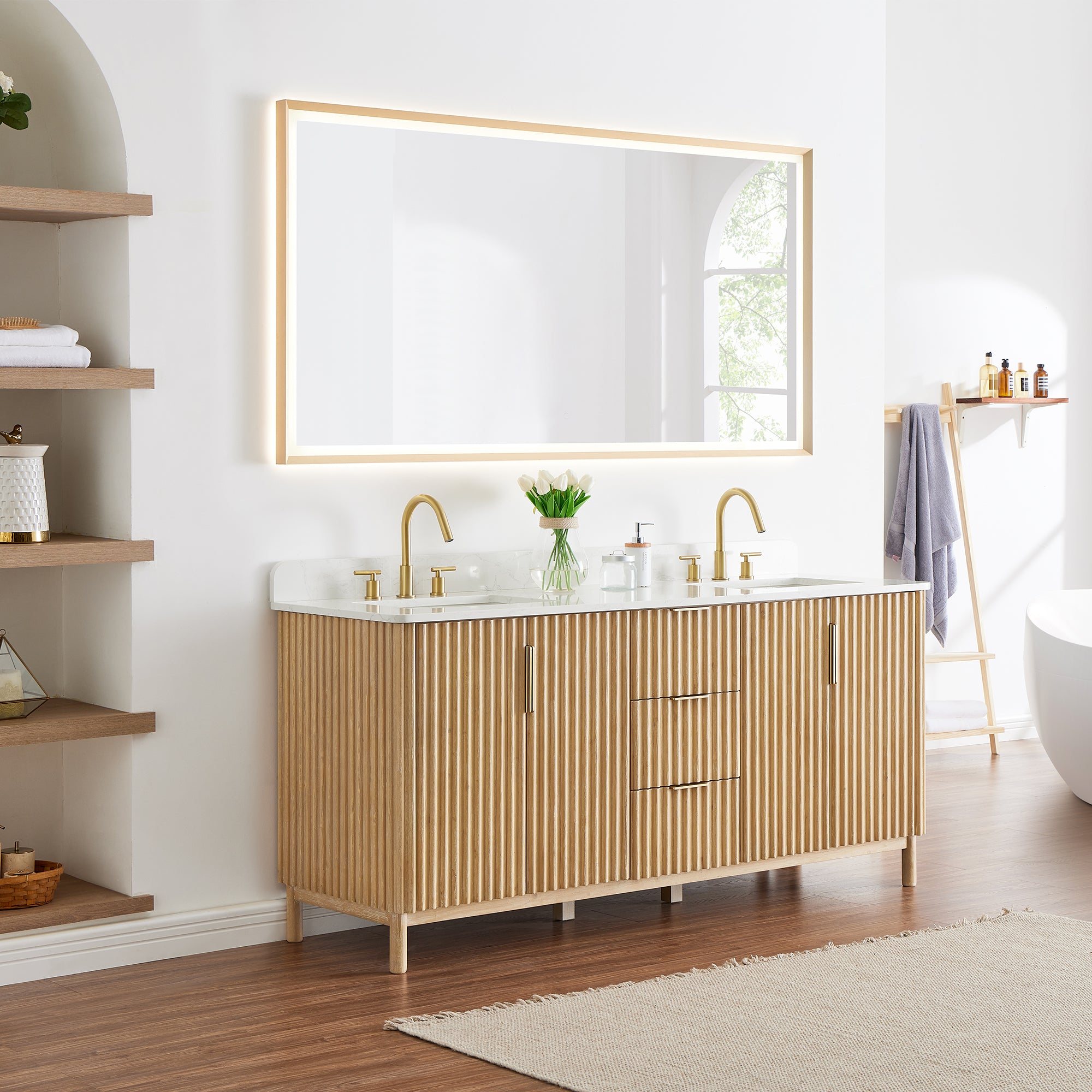 Sierra 72" Double Bathroom Vanity in Light Brown with Engineered Stone Countertop